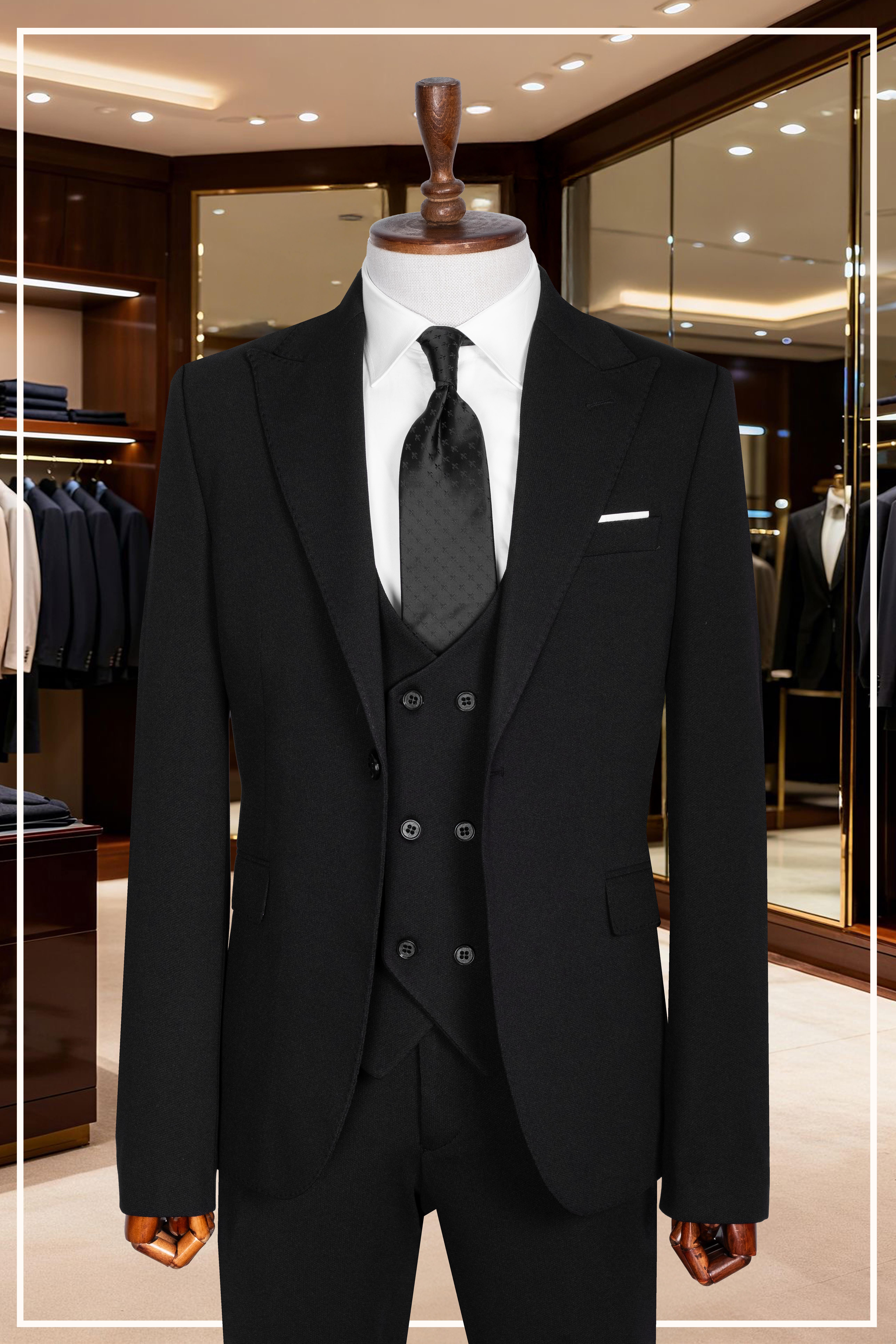 İtalyan Kesim Slim Fit Siyah Yelekli Takım Elbise | Yaka Puntolu Özel Tasarım SD42348