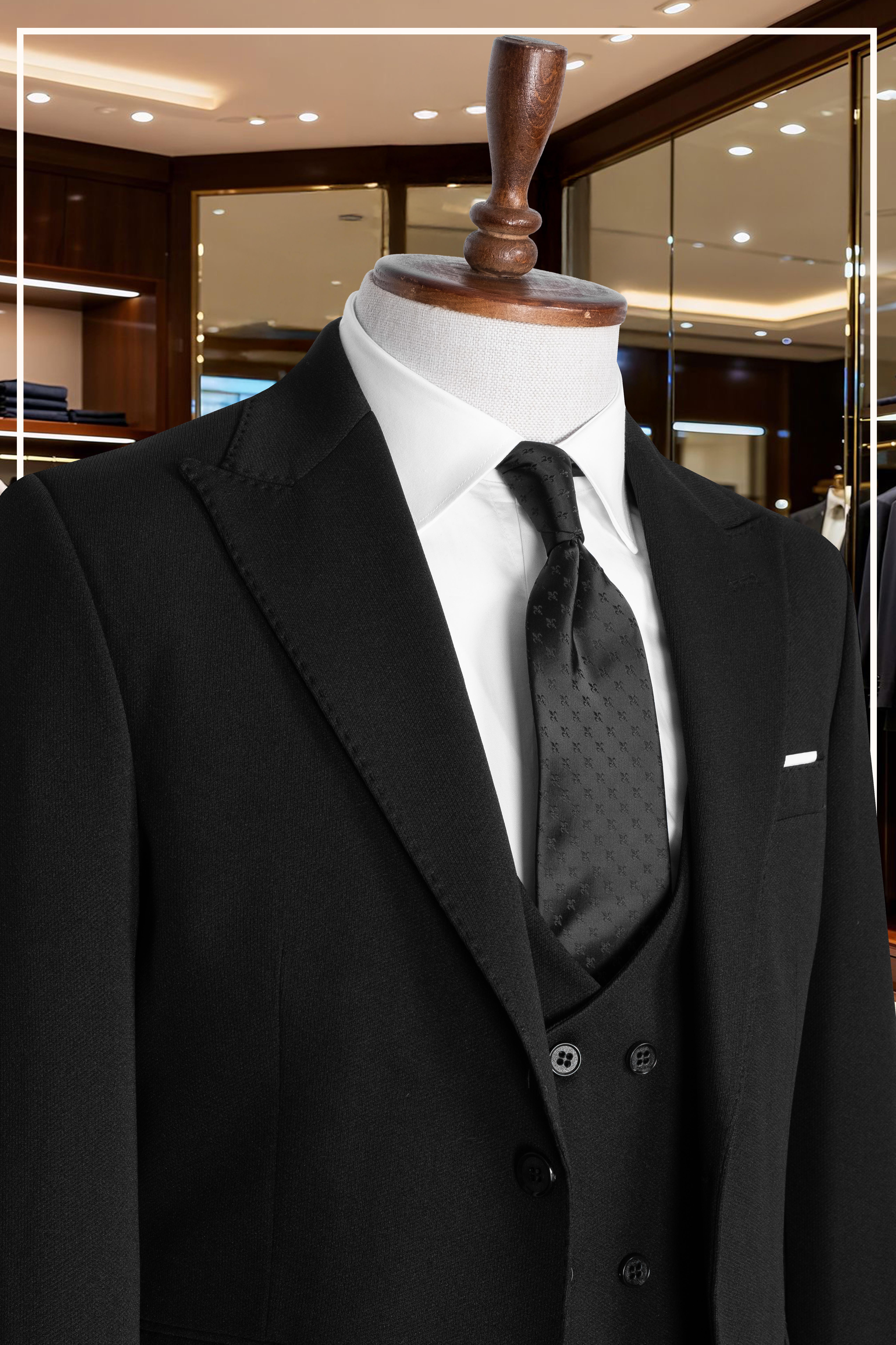 İtalyan Kesim Slim Fit Siyah Yelekli Takım Elbise | Yaka Puntolu Özel Tasarım SD42348