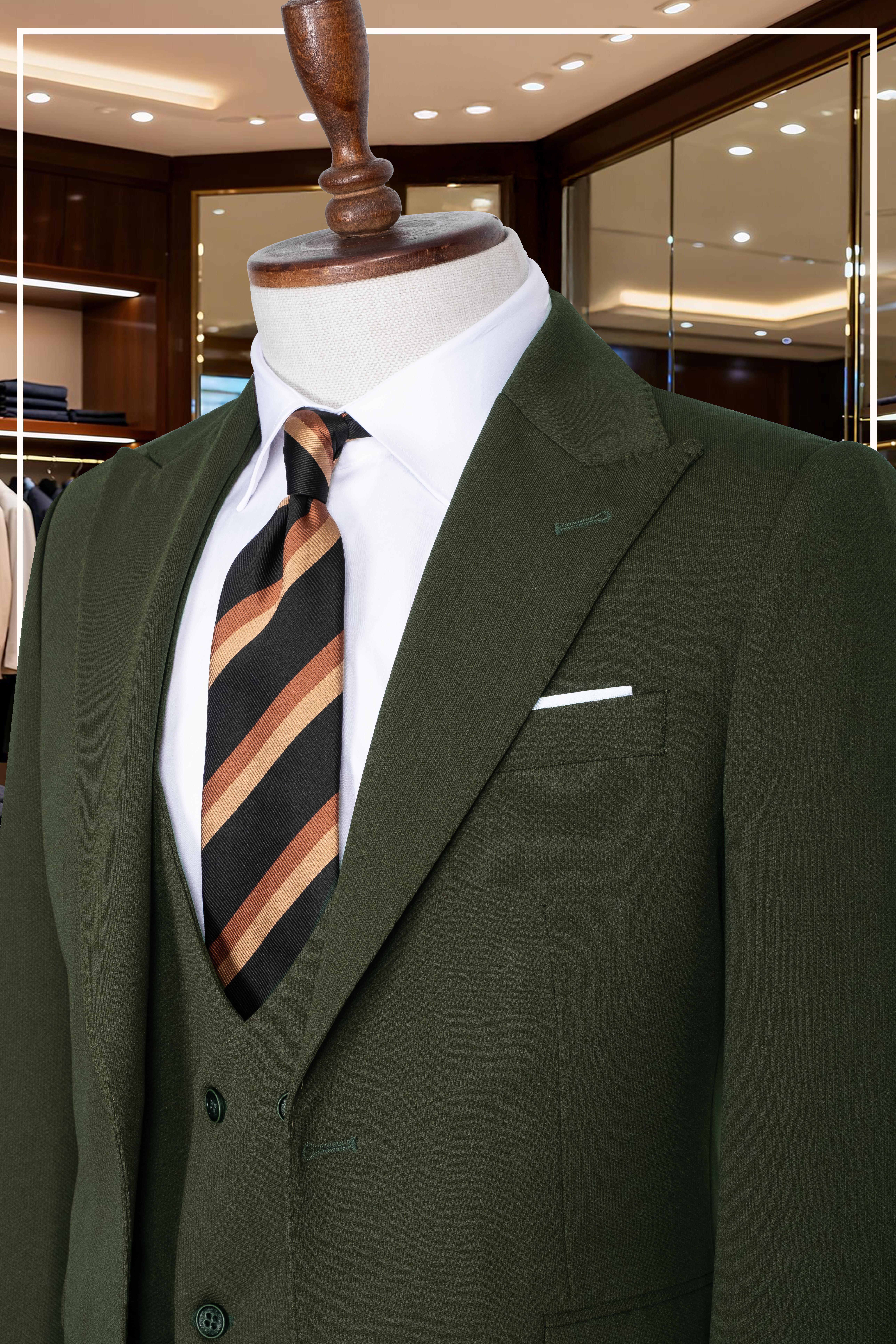 İtalyan Kesim Slim Fit Yeşil Yelekli Takım Elbise | Yaka Puntolu Özel Tasarım SD42351