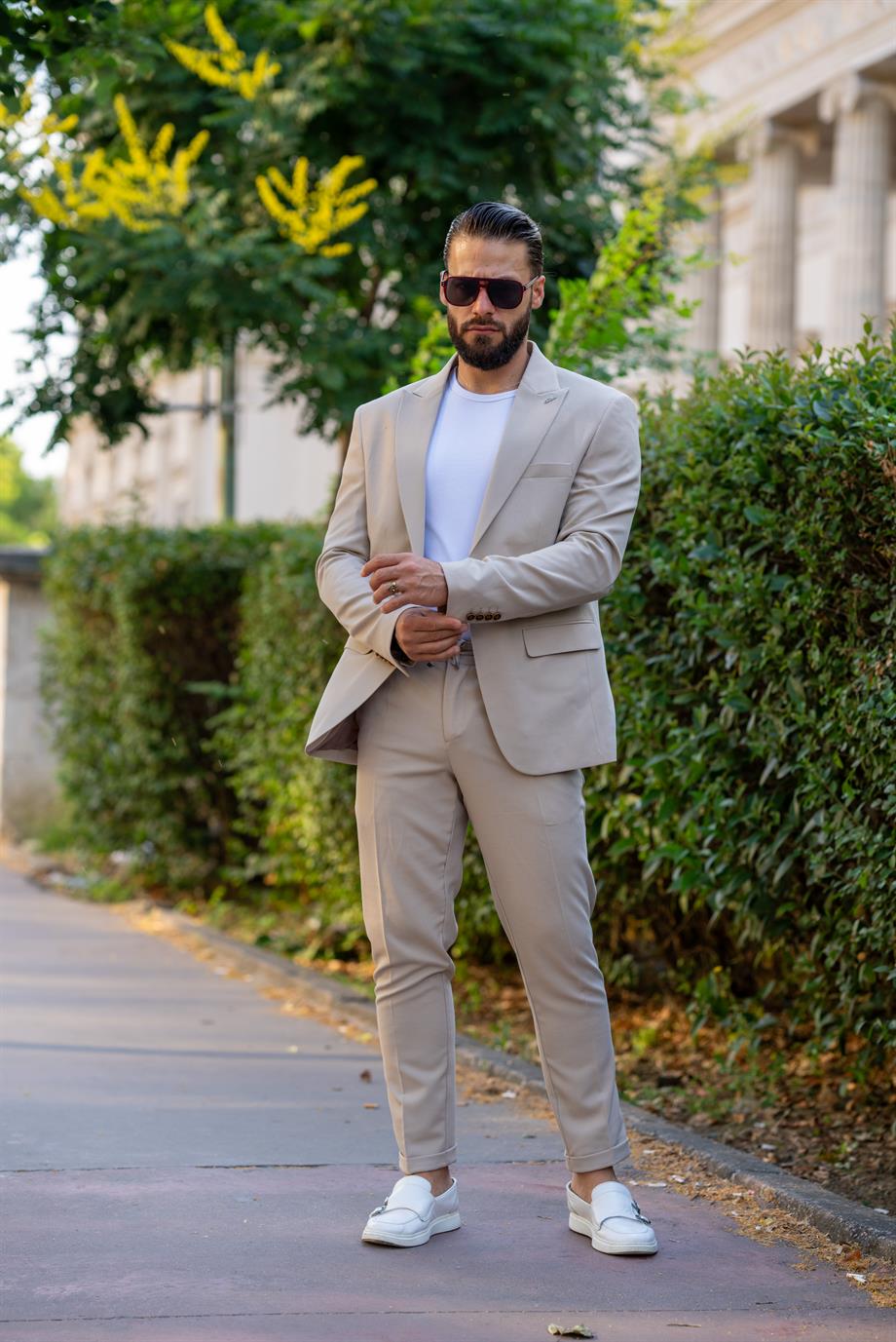 İtalyan Kesim Takım Elbise Krem Spor İpli - Slım Fıt SD4975