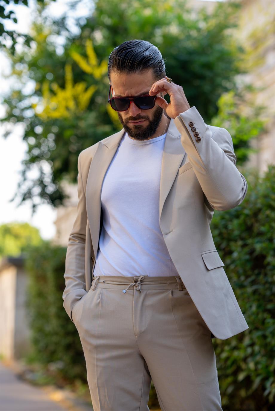 İtalyan Kesim Takım Elbise Krem Spor İpli - Slım Fıt SD4975
