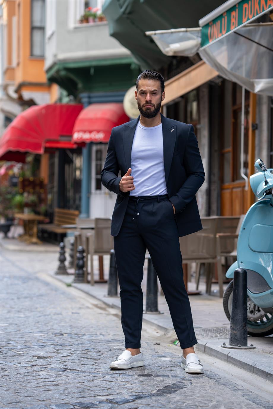İtalyan Kesim Takım Elbise Lacivert Spor İpli - Slım Fıt SD4976
