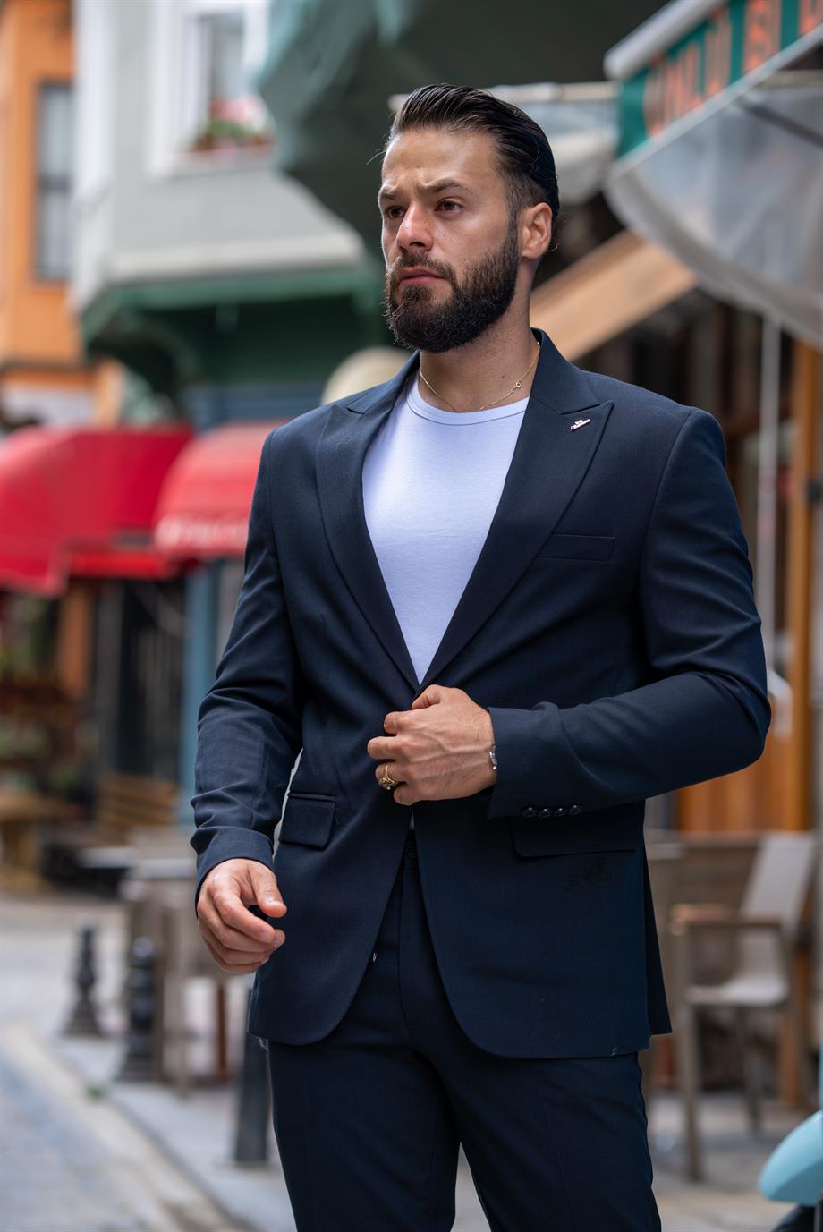 İtalyan Kesim Takım Elbise Lacivert Spor İpli - Slım Fıt SD4976