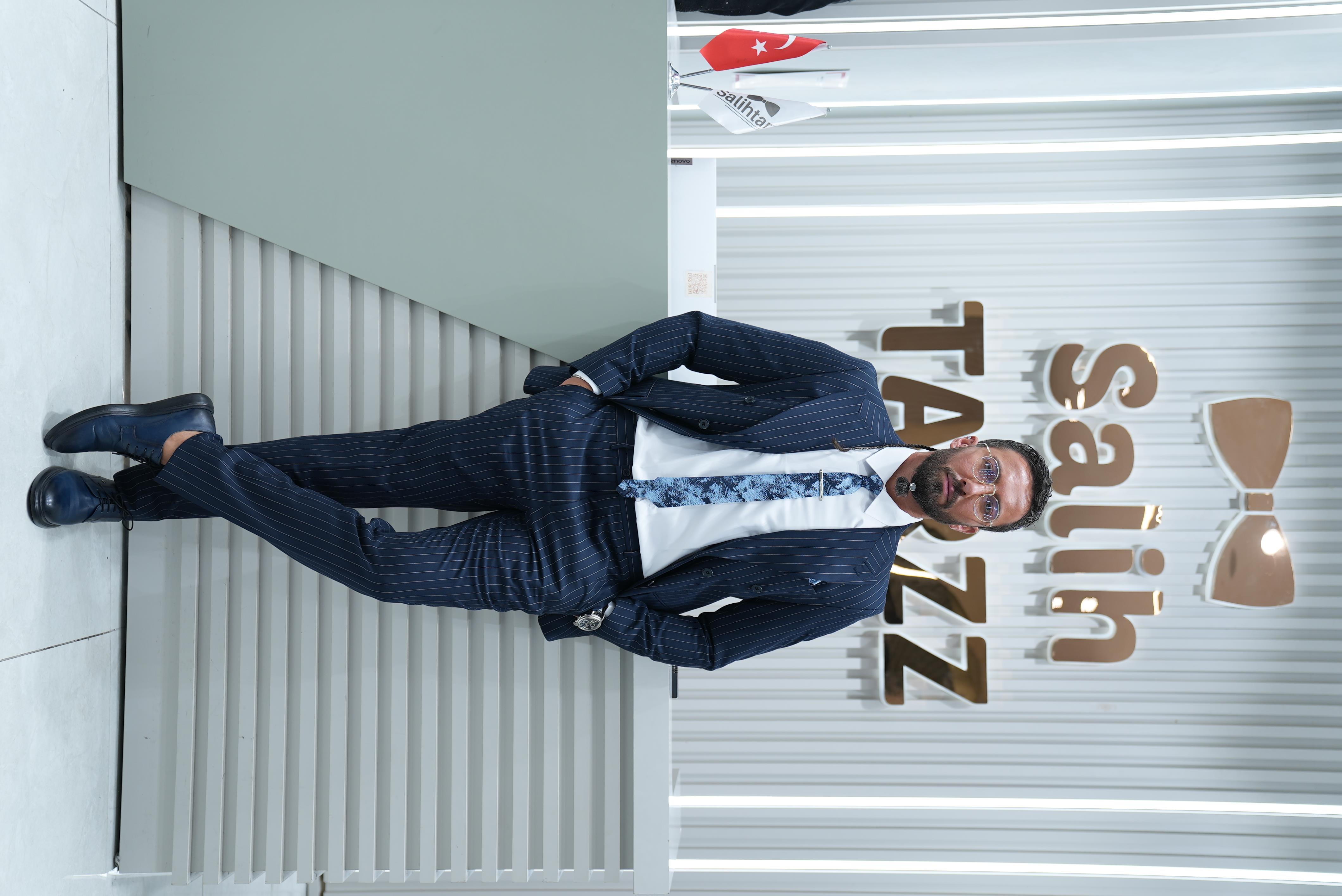 Kruvaze Lacivert Çizgili Erkek Takım Elbise SD42417