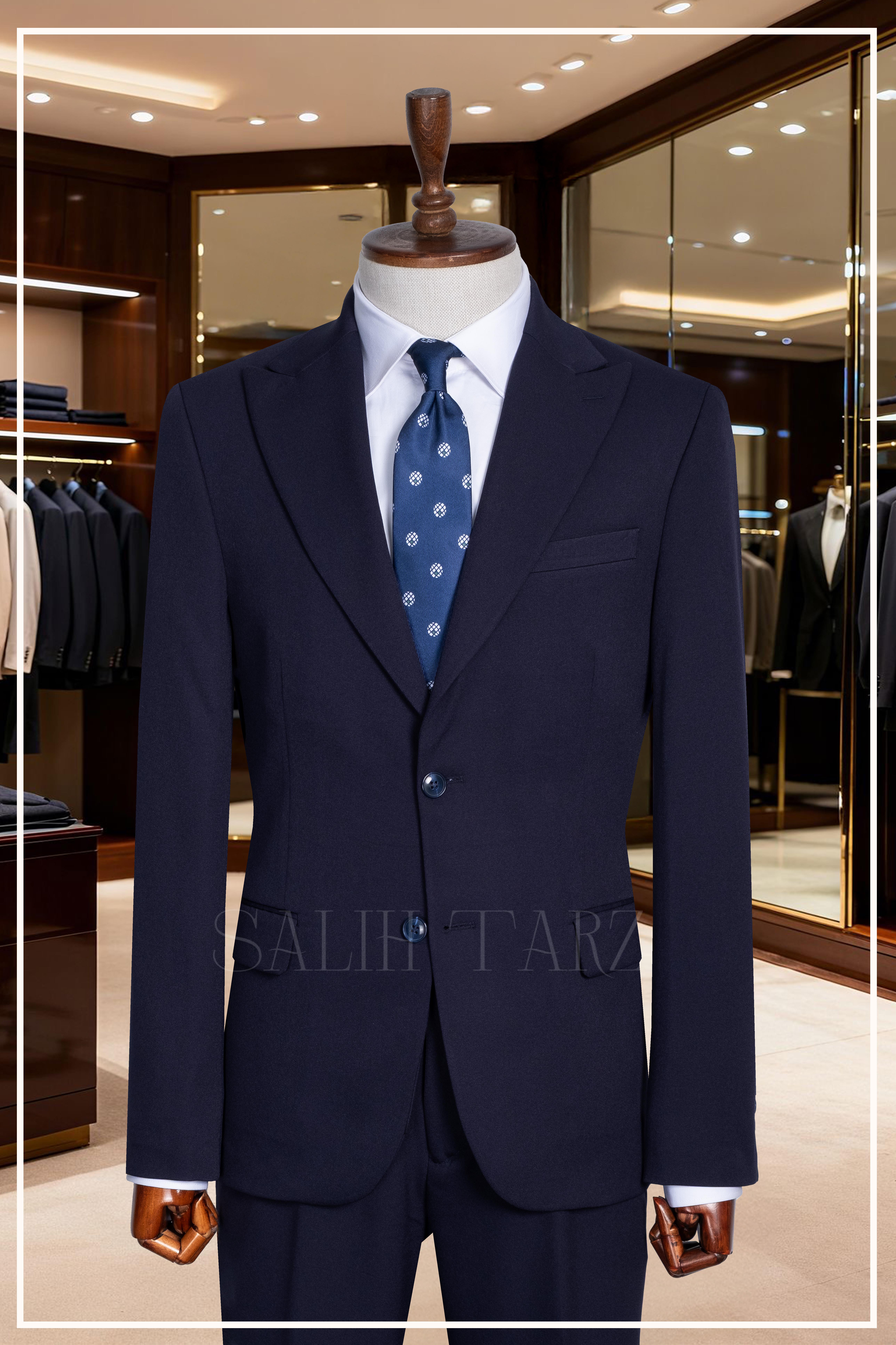 Lacivert Slim Fit Mono Yaka Kapaklı Cepli Erkek Takım Elbise SD42335