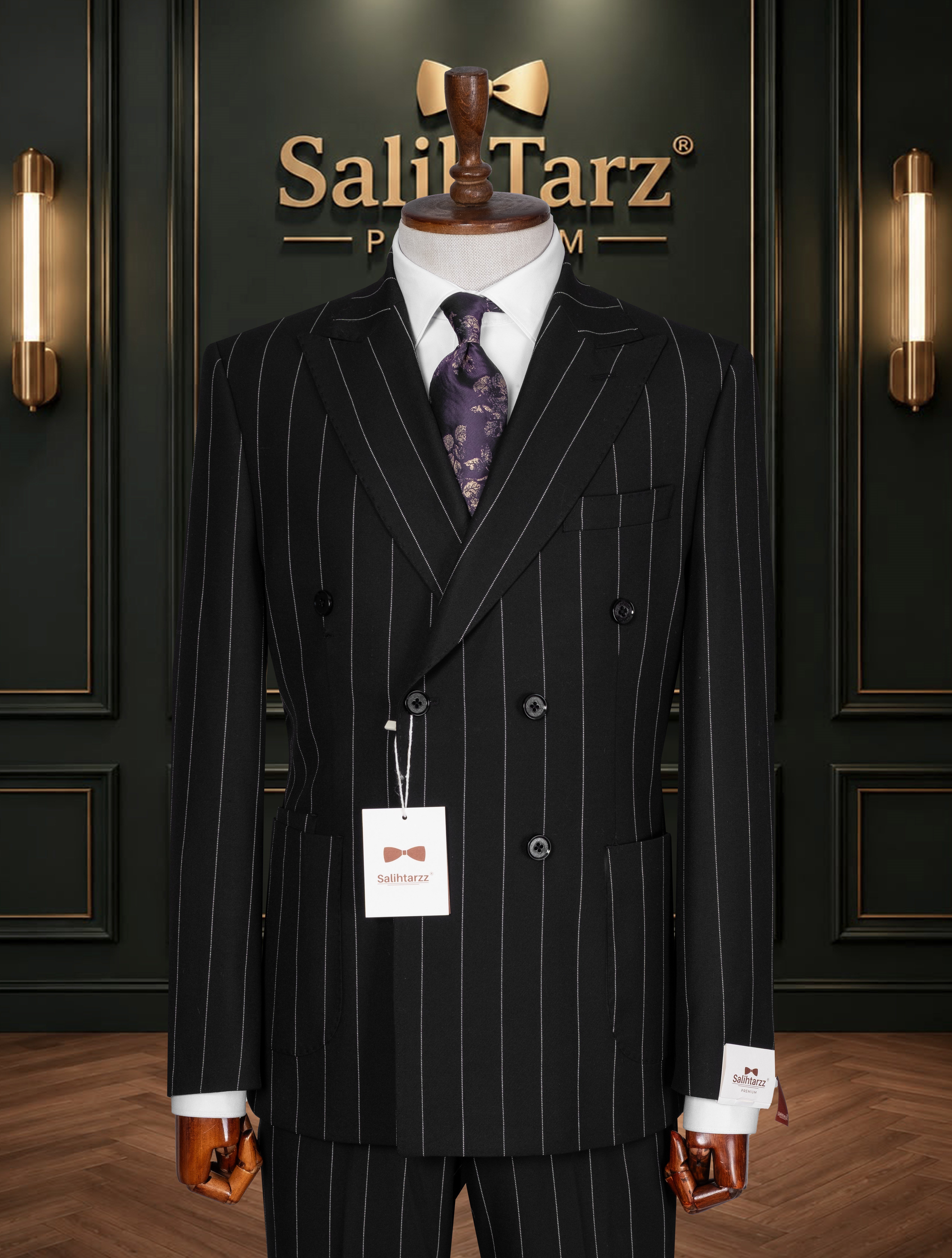 Siyah Çizgili Premium Kruvaze Torba Takım Elbise SD42468