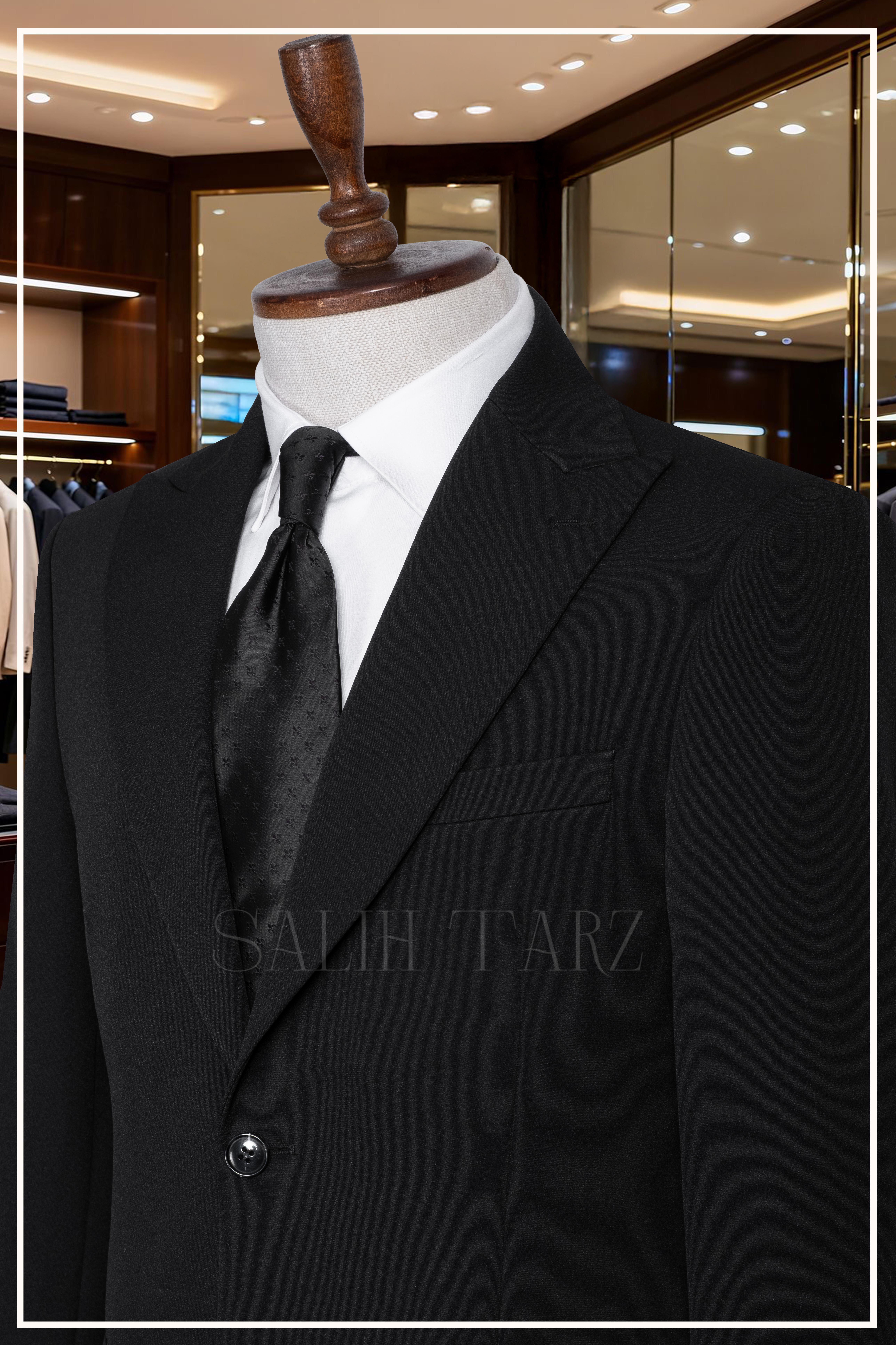 Siyah Slim Fit Mono Yaka Kapaklı Cepli Erkek Takım Elbise SD42334