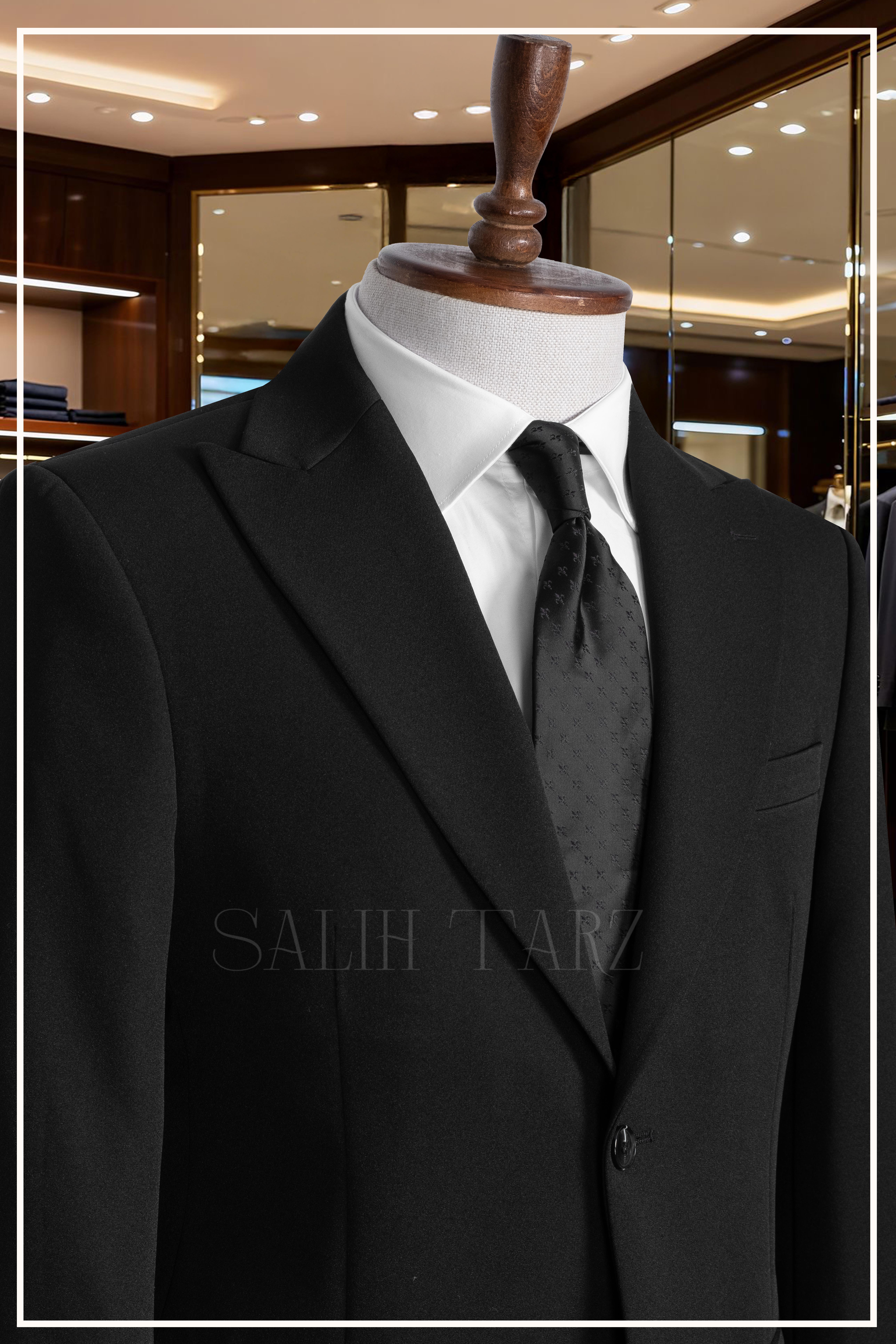 Siyah Slim Fit Mono Yaka Kapaklı Cepli Erkek Takım Elbise SD42334