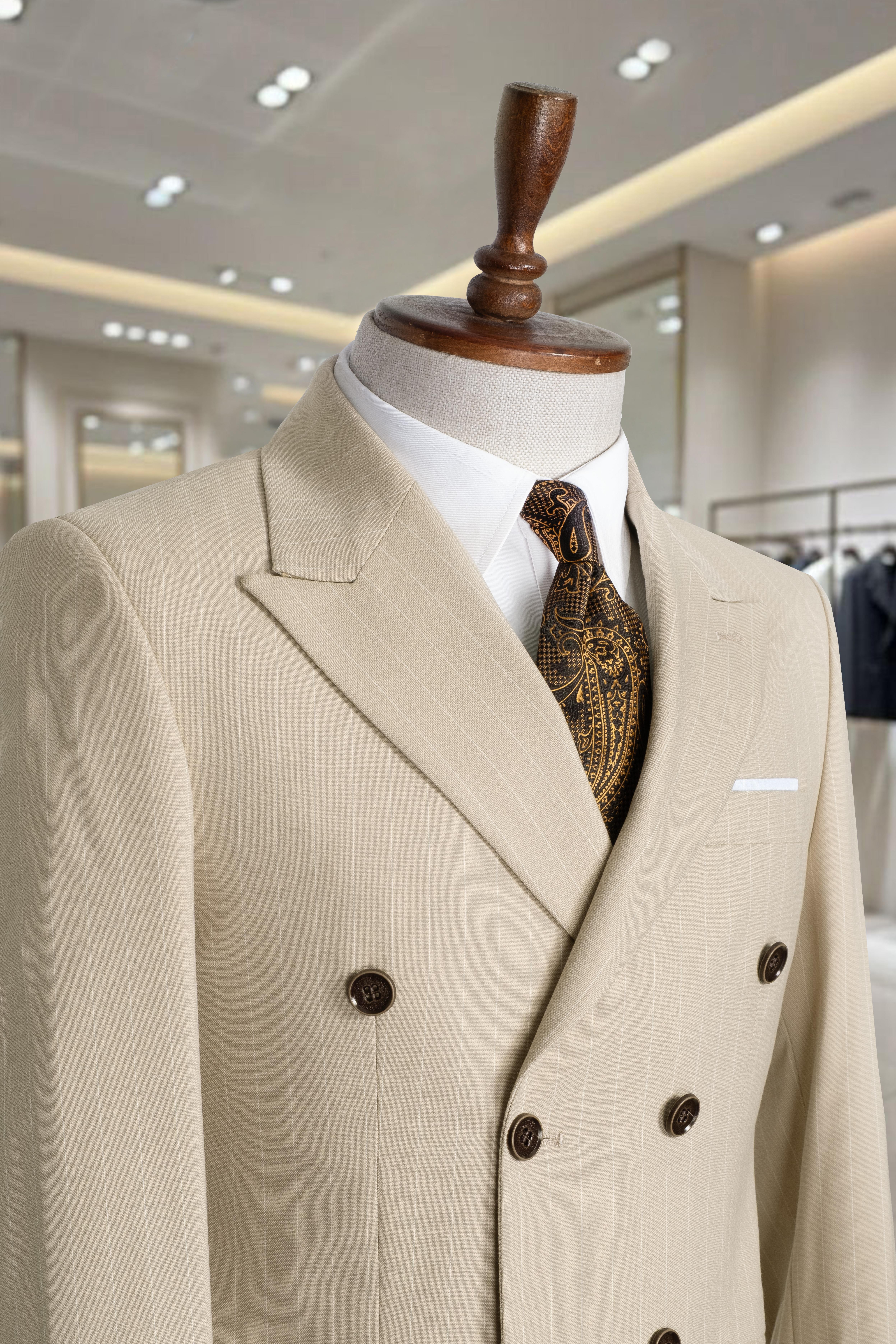 Takım Elbise Çizgili Kruvaze SlimFit Krem SD42282