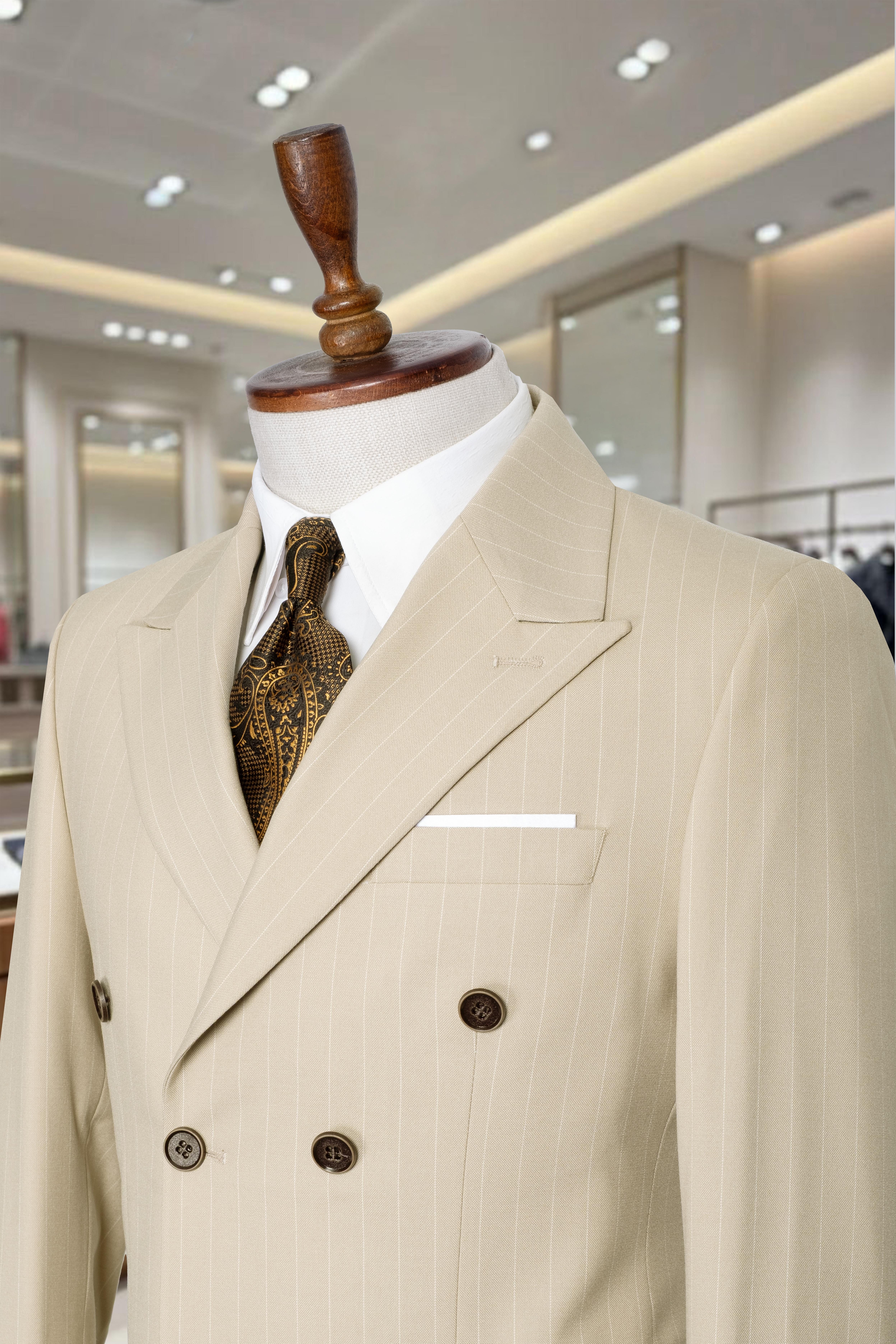 Takım Elbise Çizgili Kruvaze SlimFit Krem SD42282