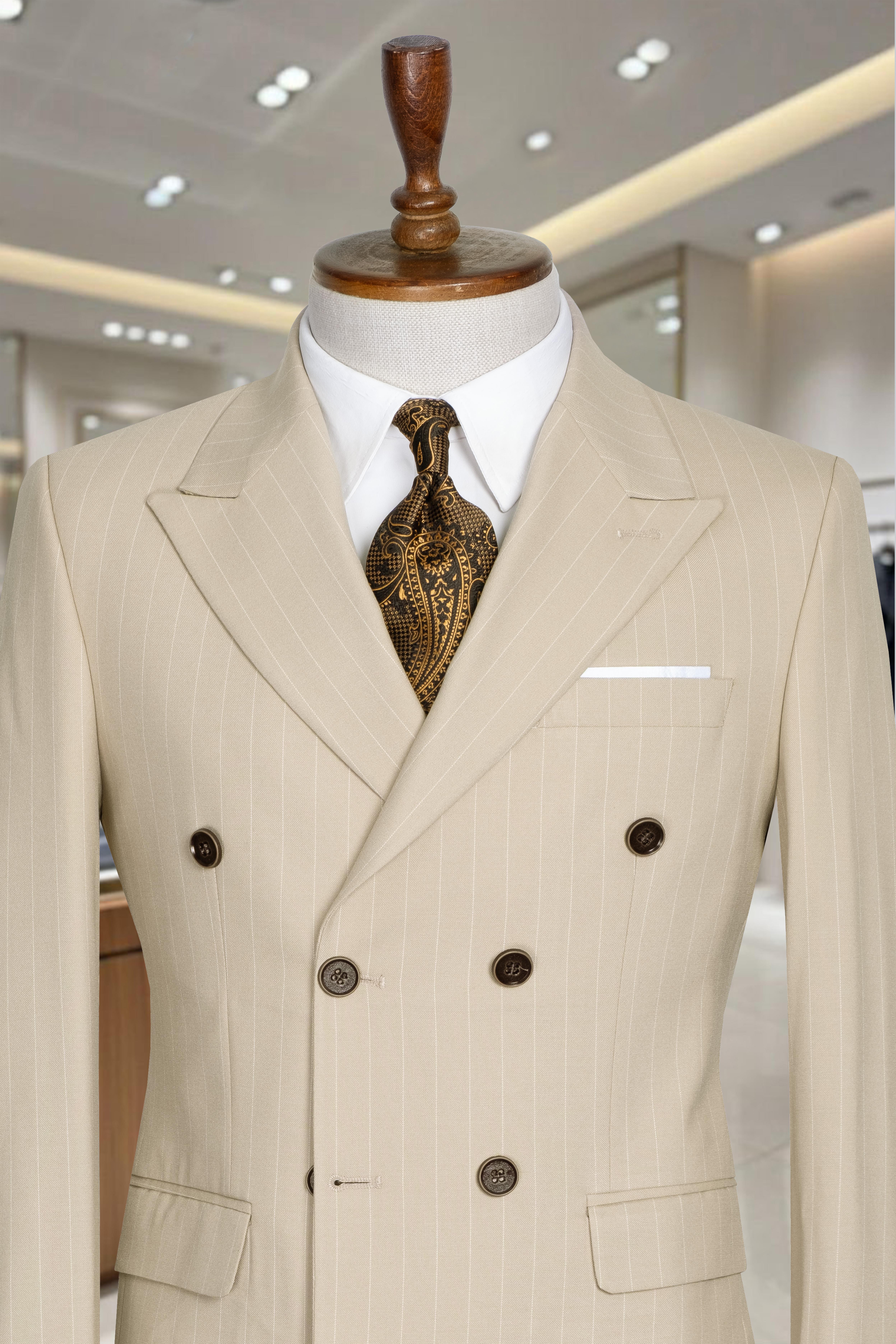 Takım Elbise Çizgili Kruvaze SlimFit Krem SD42282