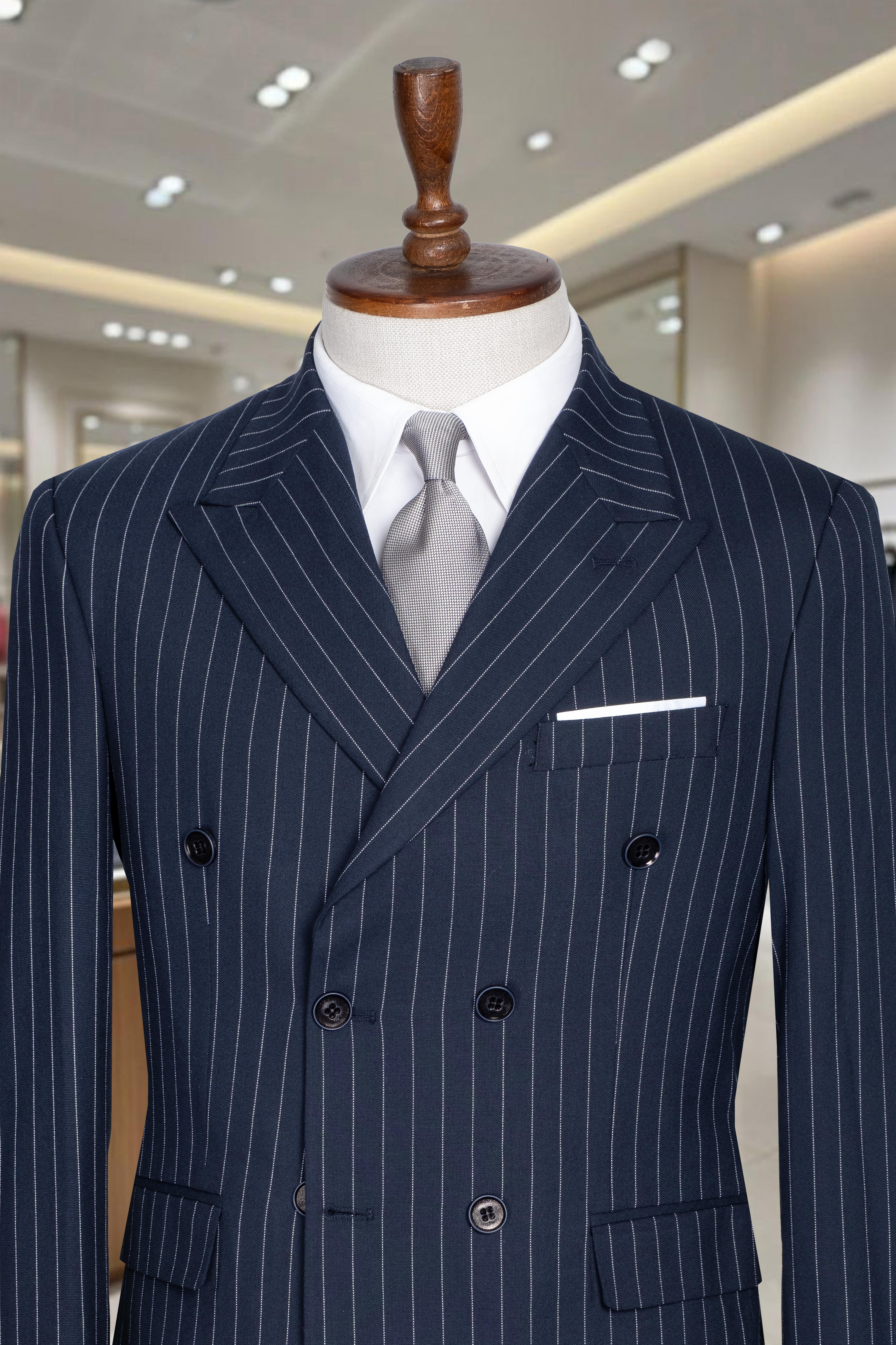 Takım Elbise Çizgili Kruvaze SlimFit Lacivert SD42279