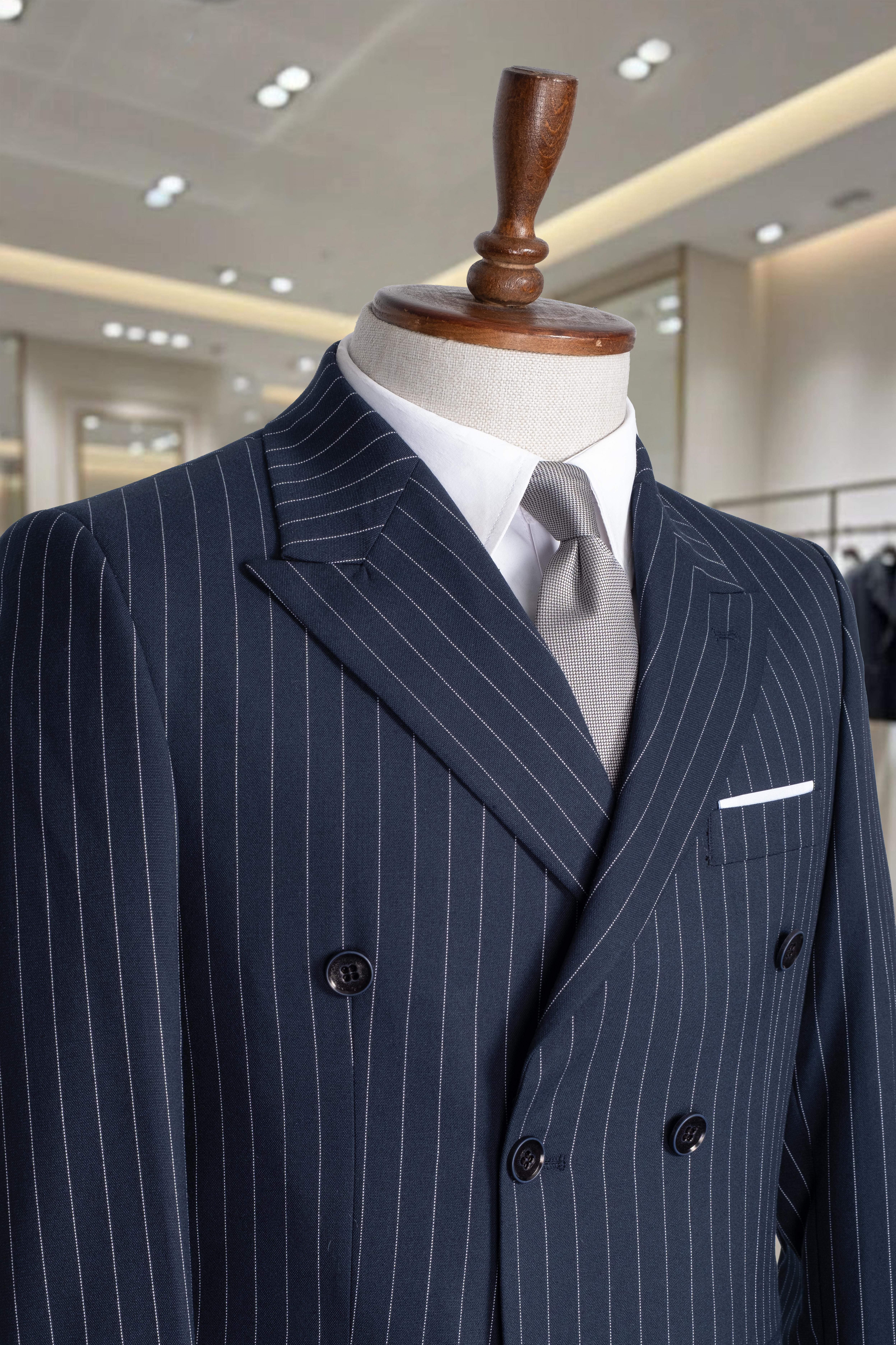 Takım Elbise Çizgili Kruvaze SlimFit Lacivert SD42279