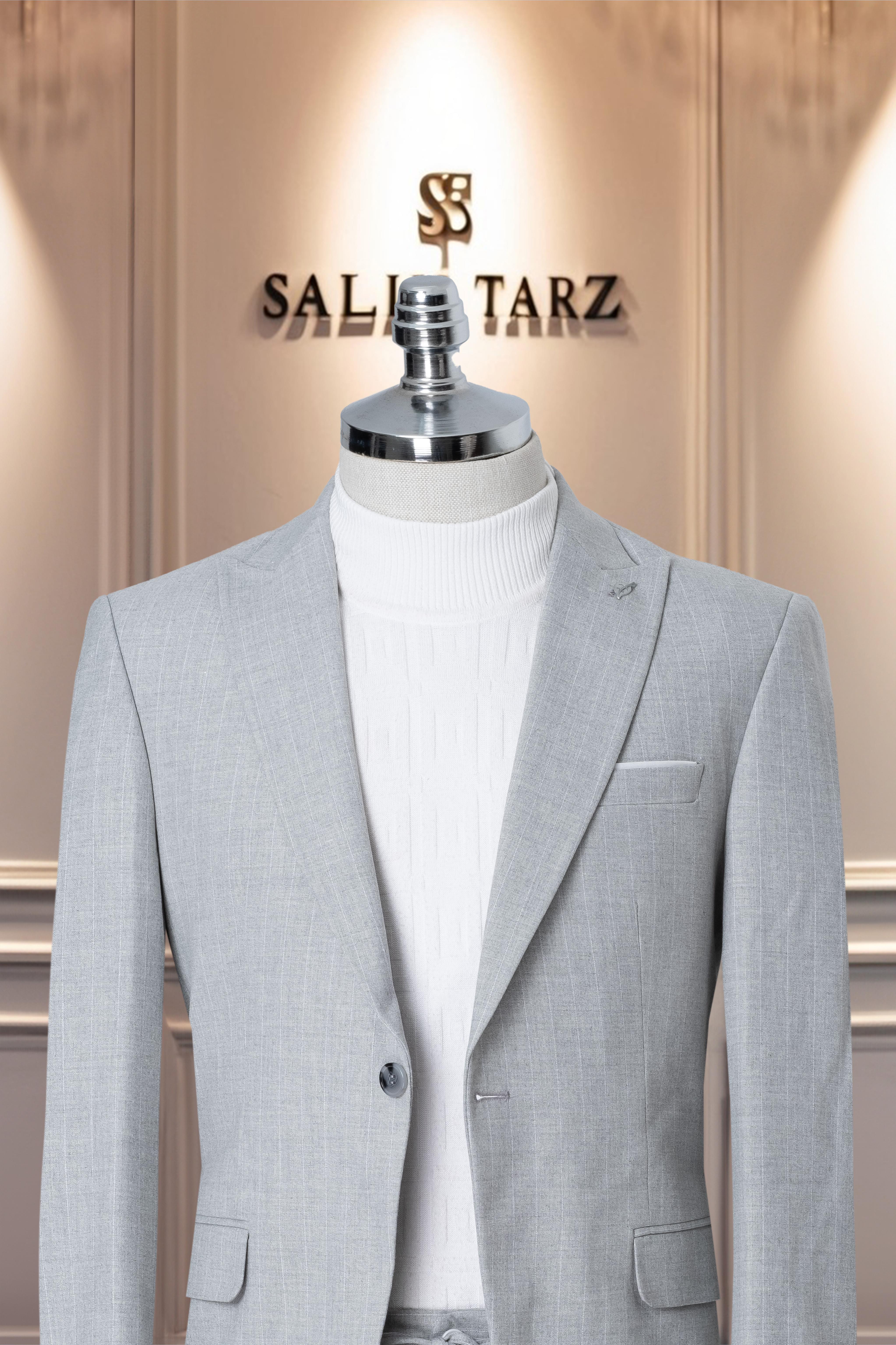 Takım Elbise İtalyan Kesim Spor İpli SlimFit Çizgili Gri SD41086