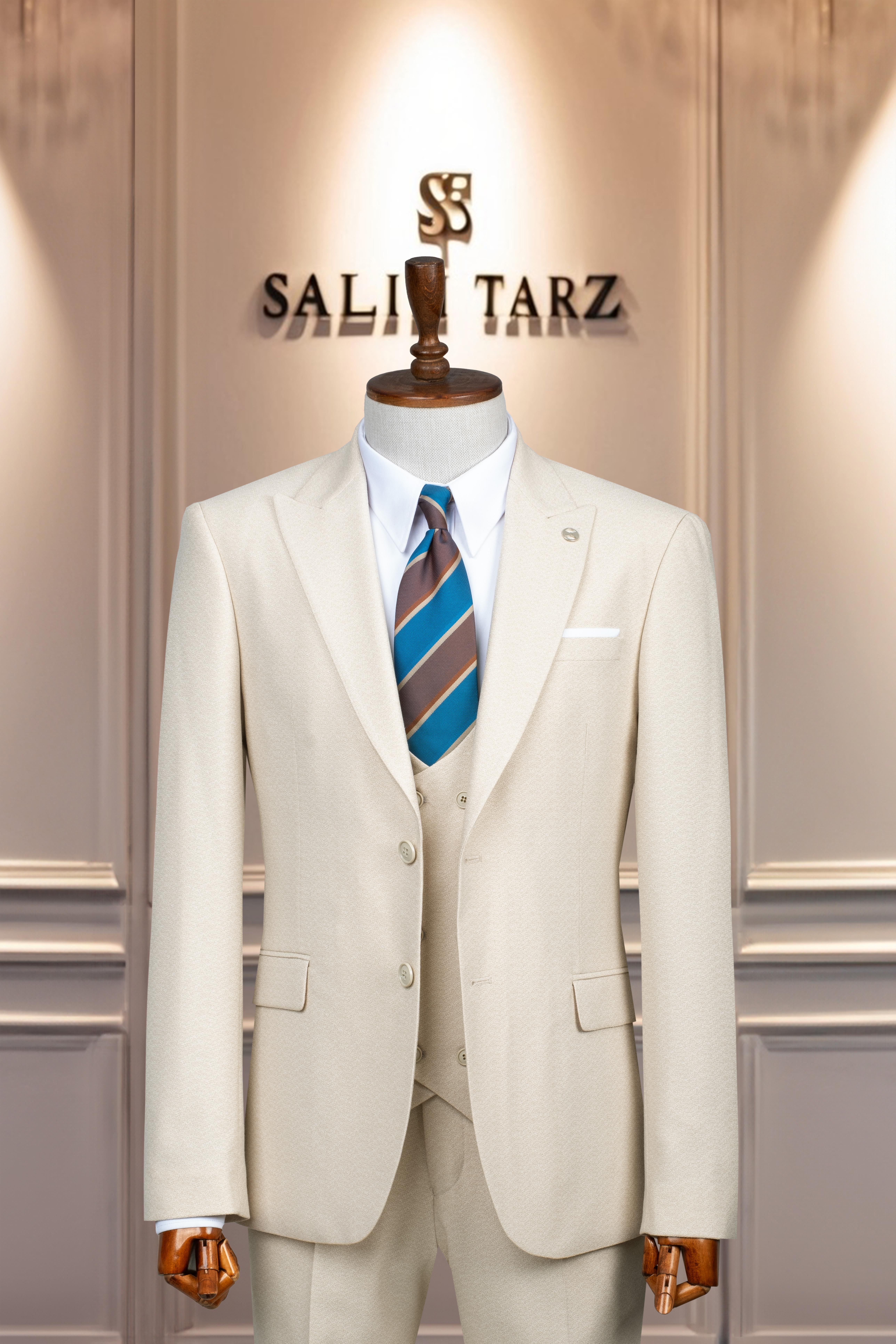 Takım Elbise İtalyan Kesim Yelekli SlimFit Krem SD42112
