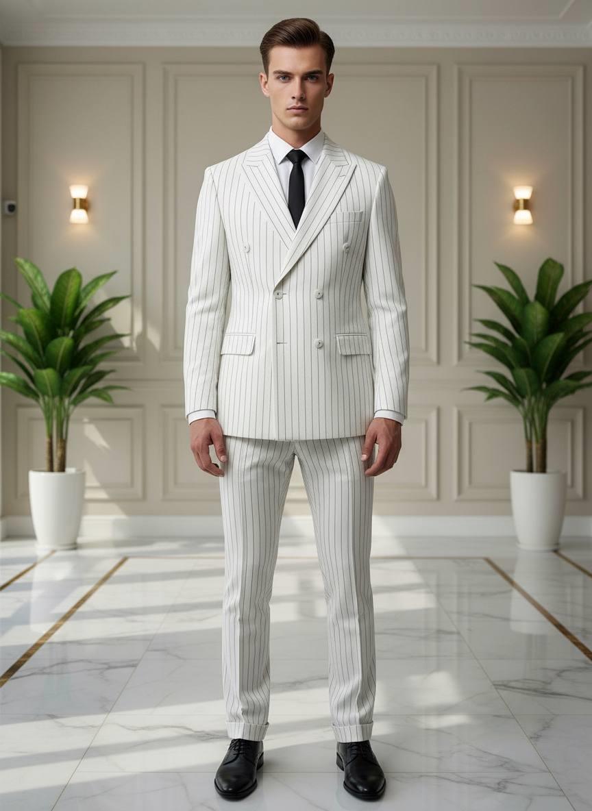 Takım Elbise Kruvaze SlimFit Beyaz Çizgili SD42222