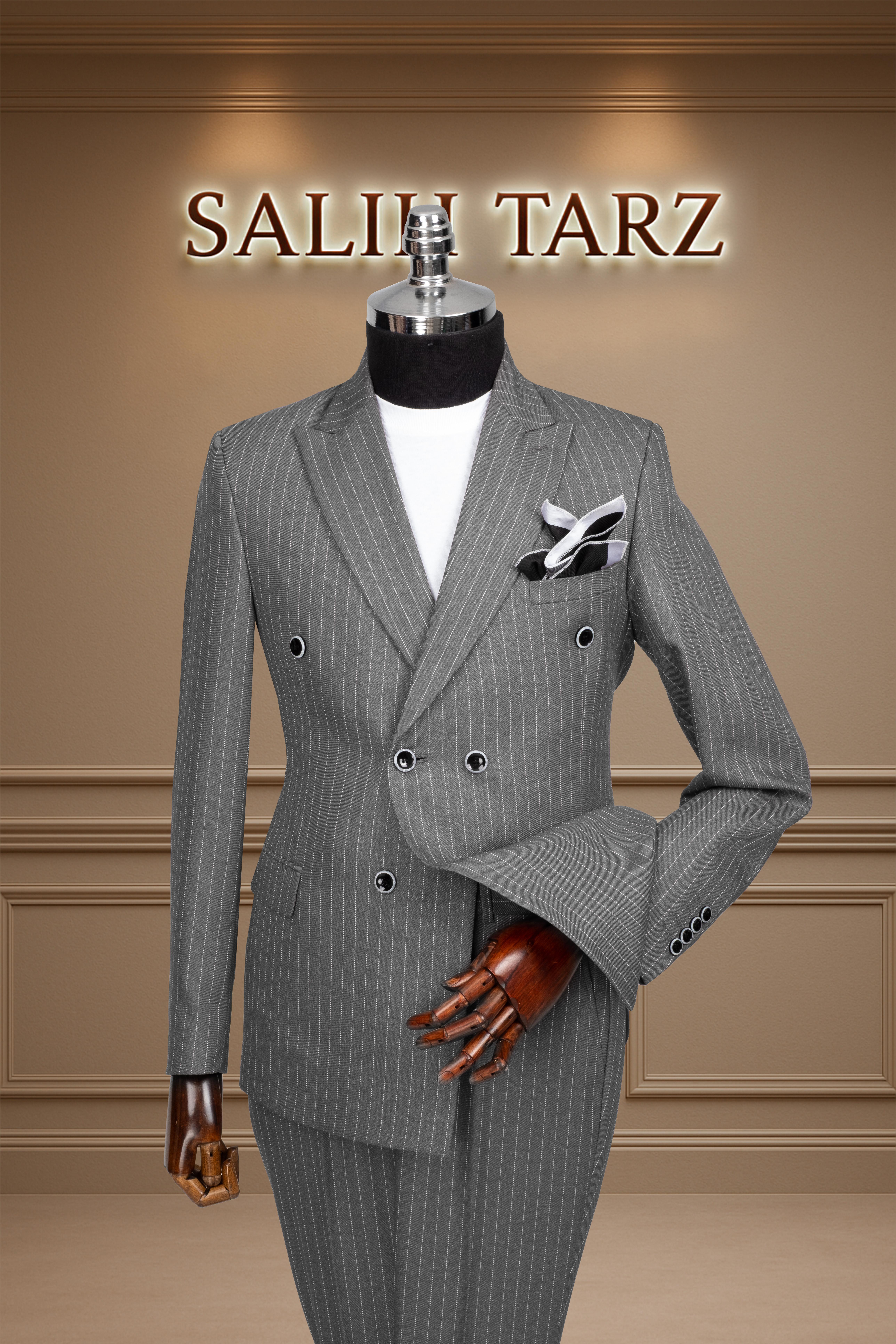 Takım Elbise Kruvaze SlimFit Füme Çizgili SD42174
