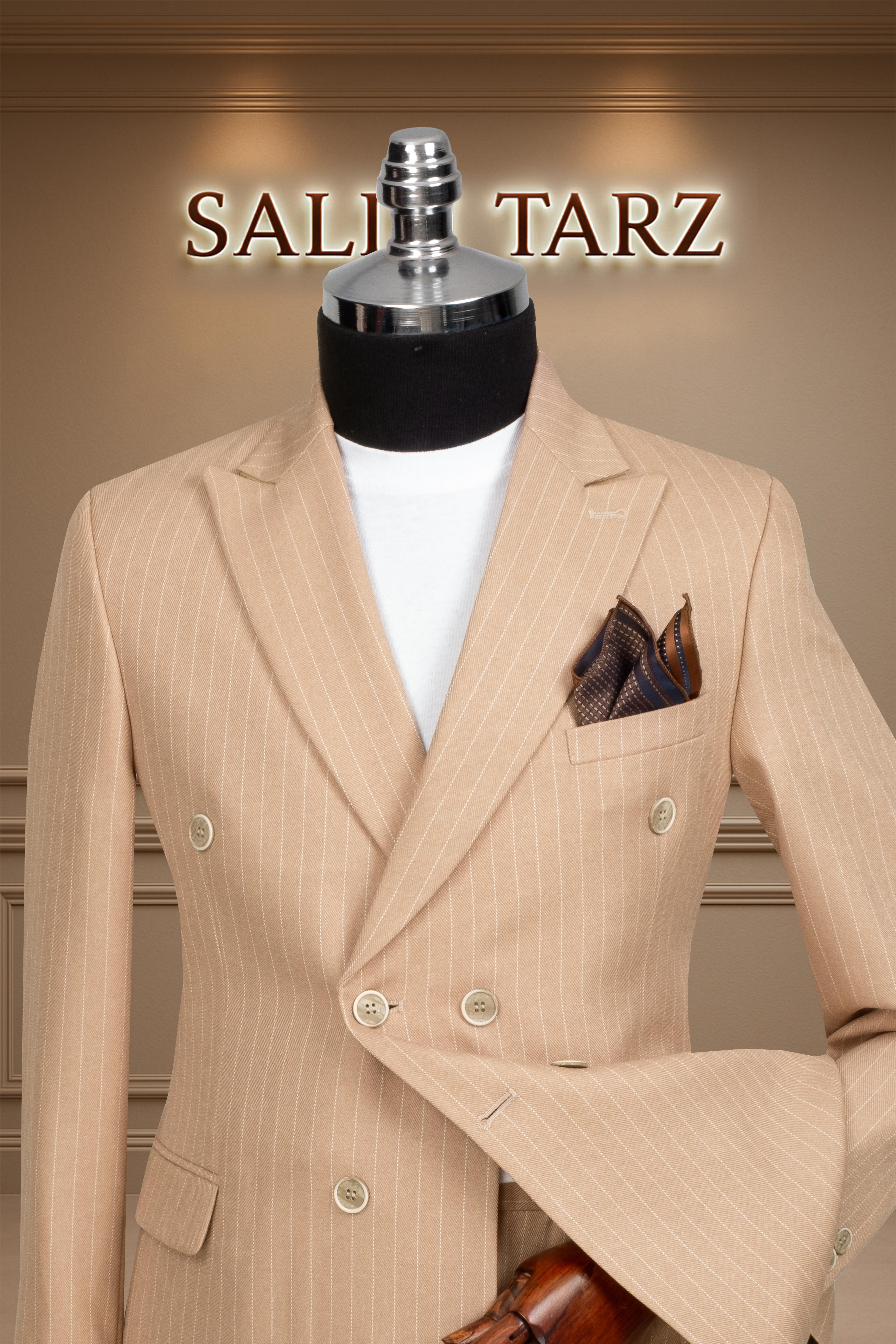 Takım Elbise Kruvaze SlimFit Krem Çizgili SD42178