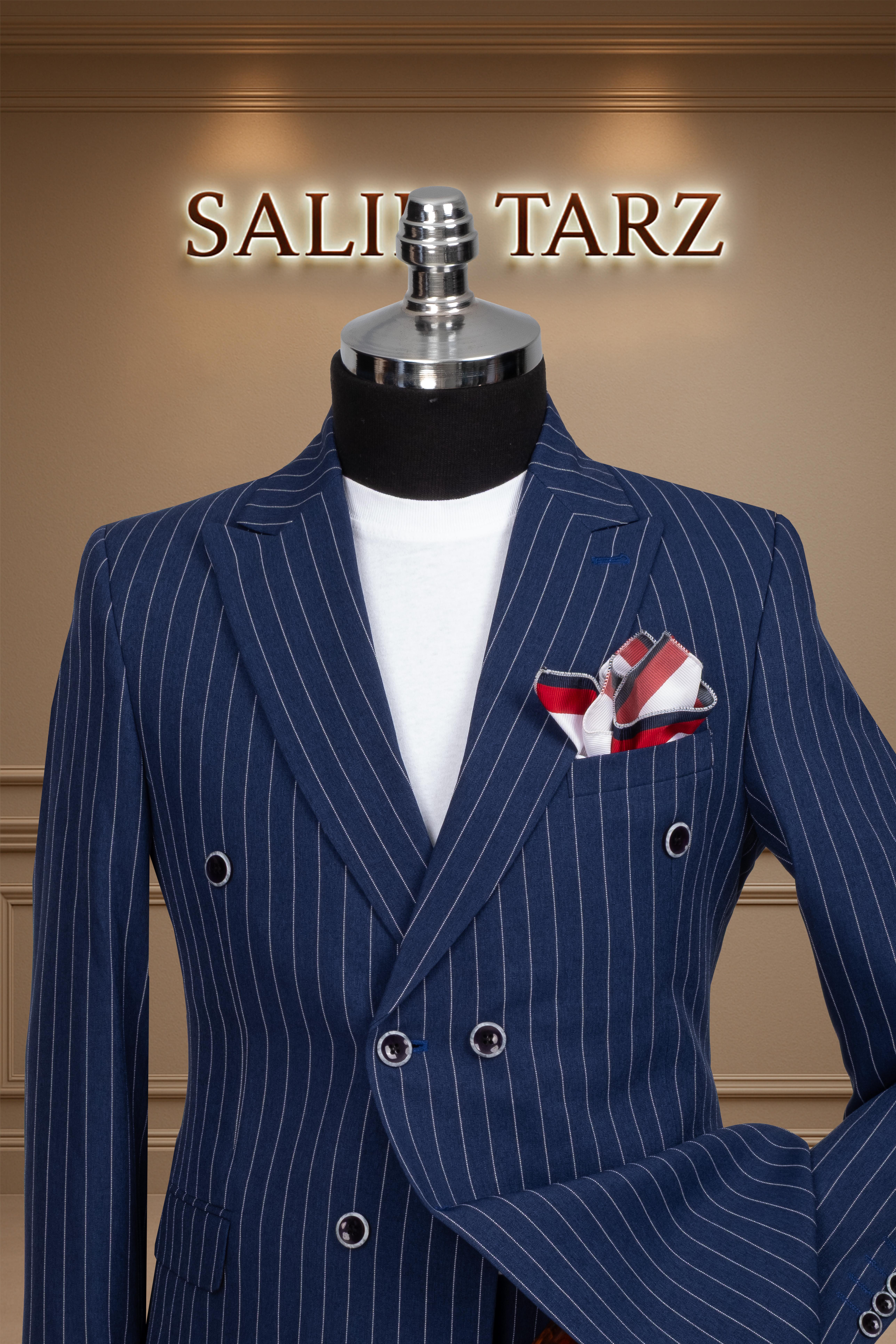 Takım Elbise Kruvaze SlimFit Lacivert Çizgili SD42177