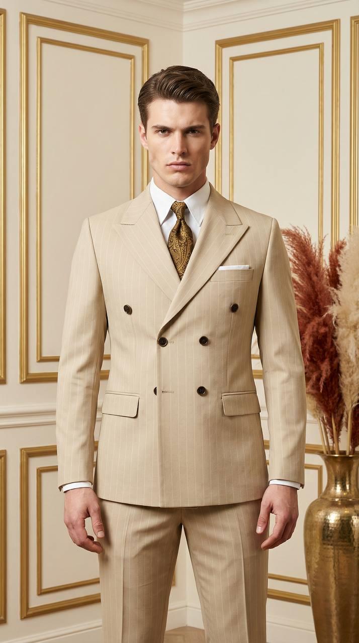 Takım Elbise SlimFit Çizgili Krem Kruvaze Premium SD42293