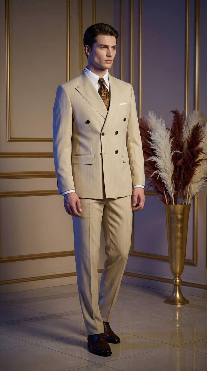 Takım Elbise SlimFit Çizgili Krem Kruvaze Premium SD42293