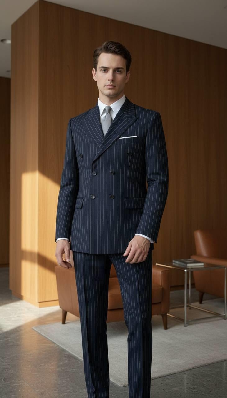 Takım Elbise SlimFit Çizgili Lacivert Kruvaze Premium SD42295