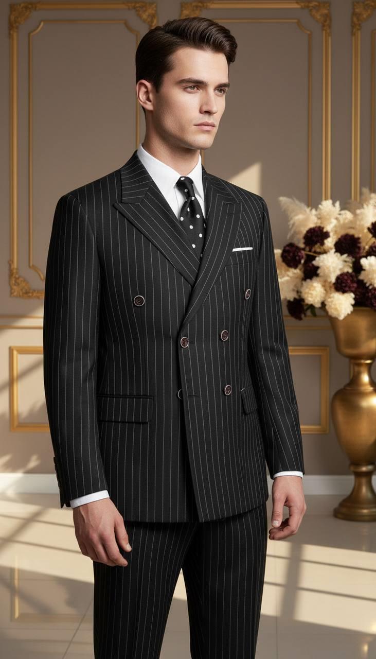 Takım Elbise SlimFit Çizgili Siyah Kruvaze Premium SD42294