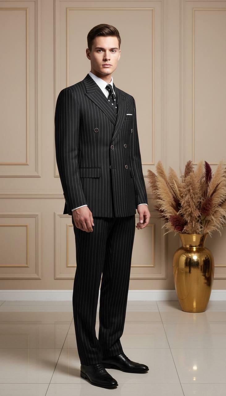 Takım Elbise SlimFit Çizgili Siyah Kruvaze Premium SD42294
