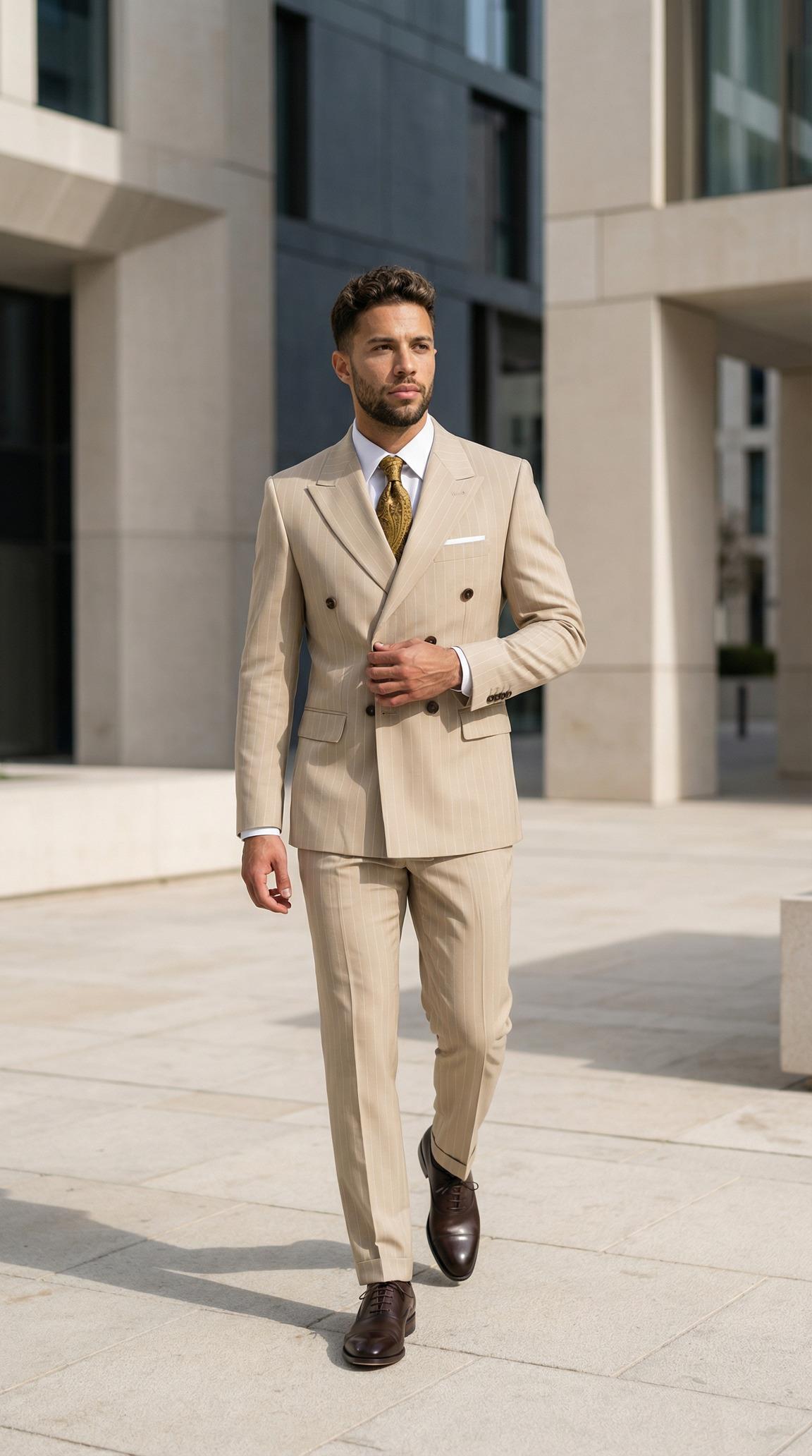 Takım Elbise SlimFit Krem Çizgili Kruvaze Premium SD42366
