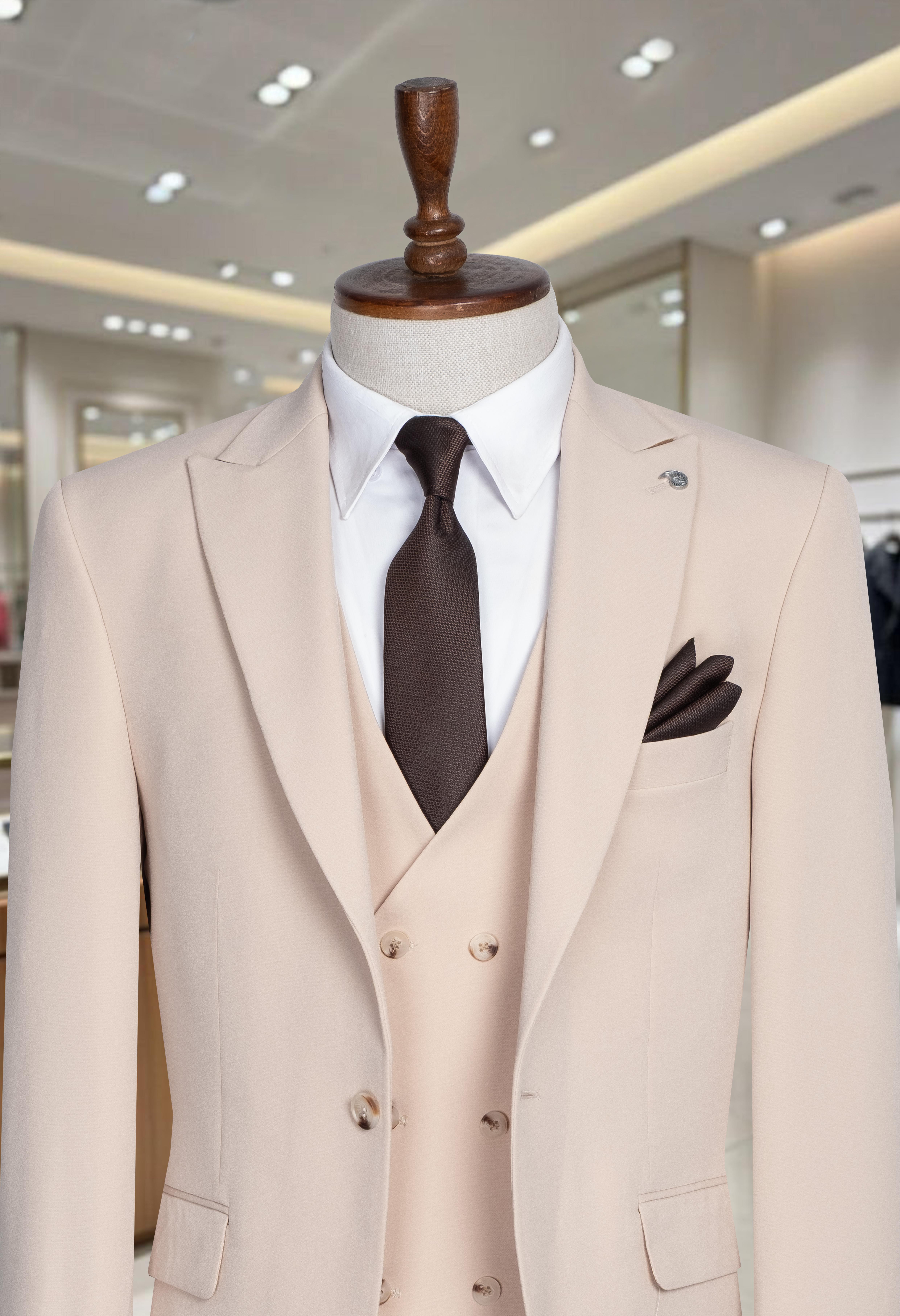 Takım Elbise SlimFit Krem Yelekli Premium SD42289