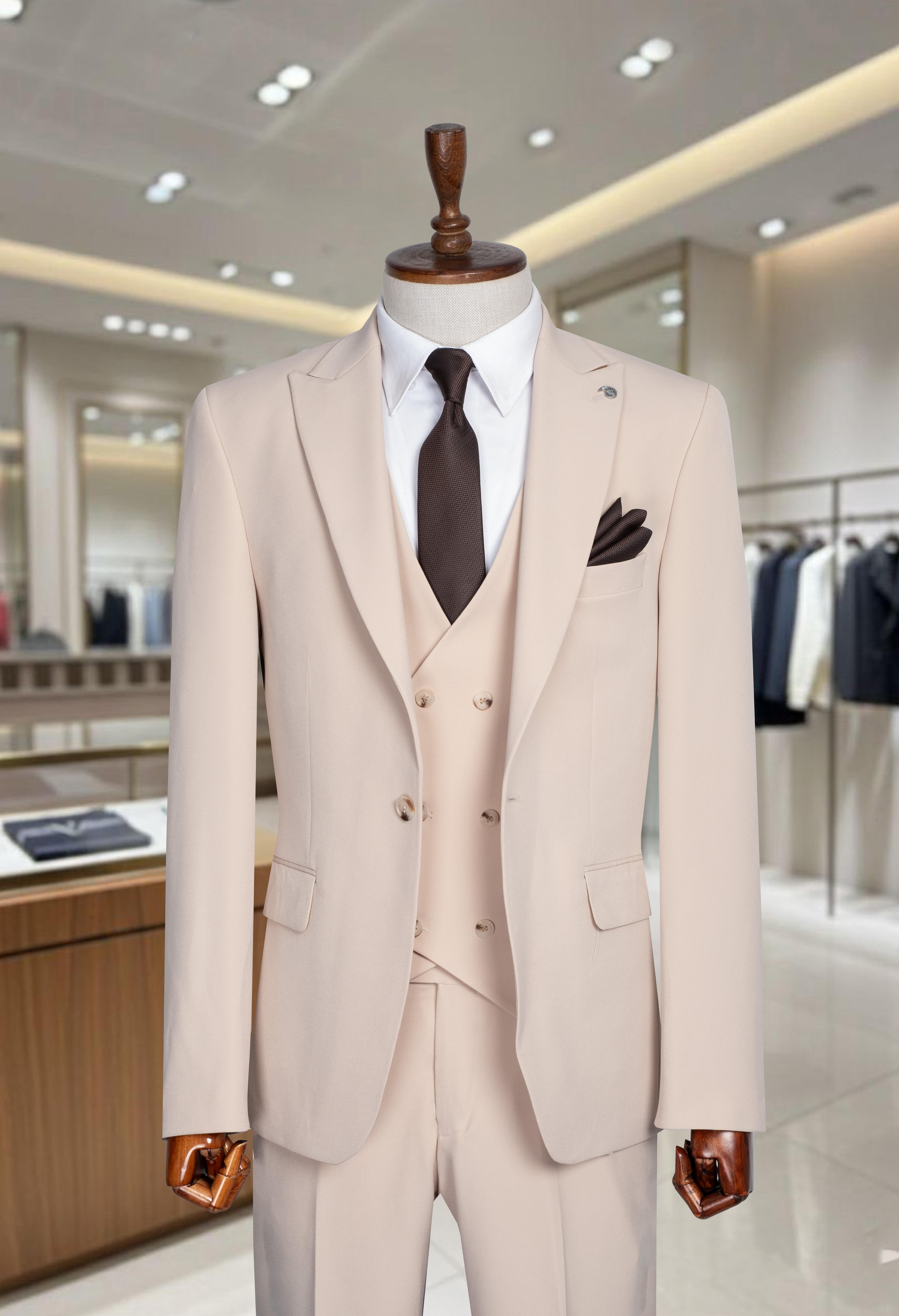 Takım Elbise SlimFit Krem Yelekli Premium SD42289