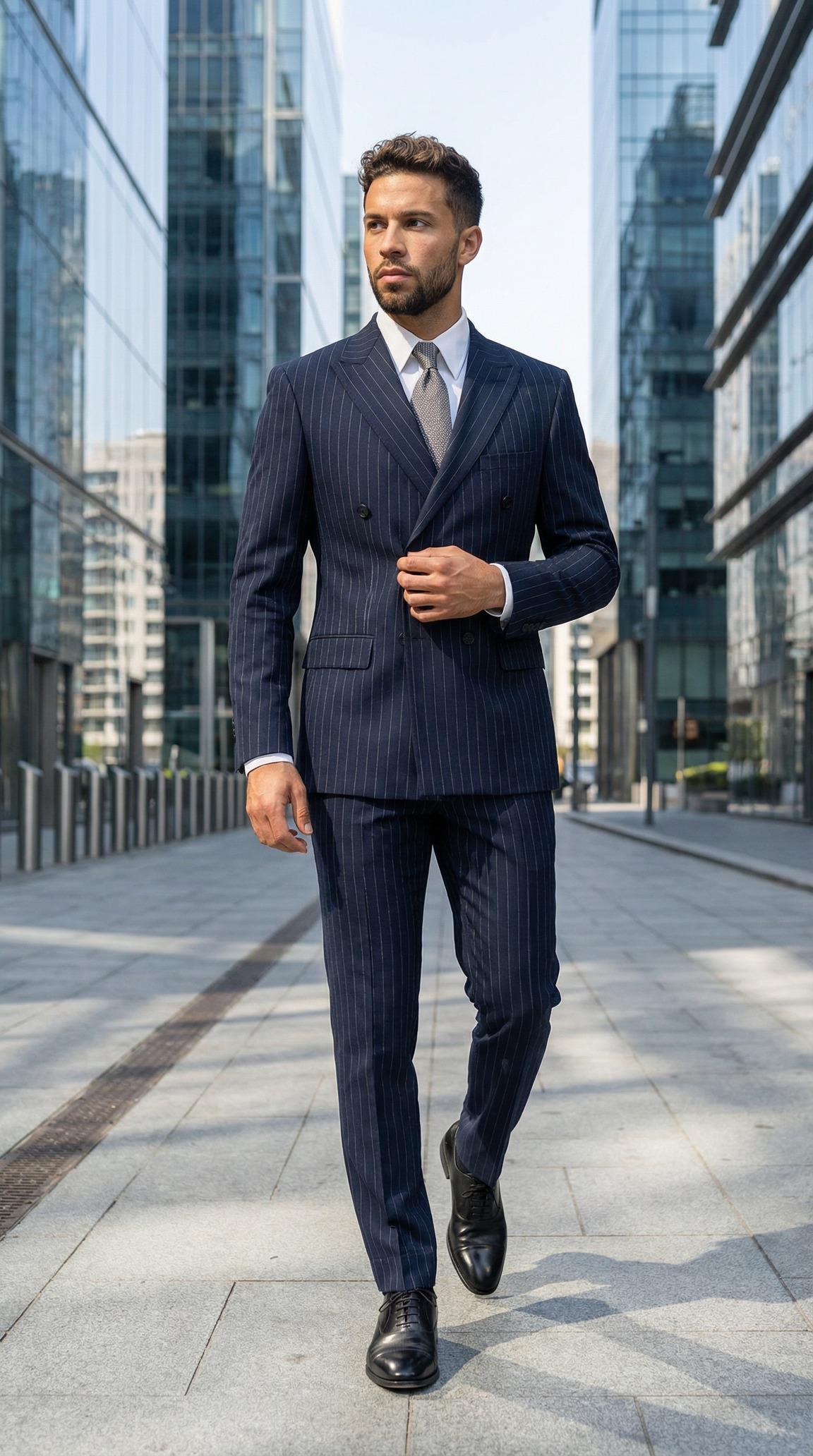 Takım Elbise SlimFit Lacivert Çizgili Kruvaze Premium SD42372