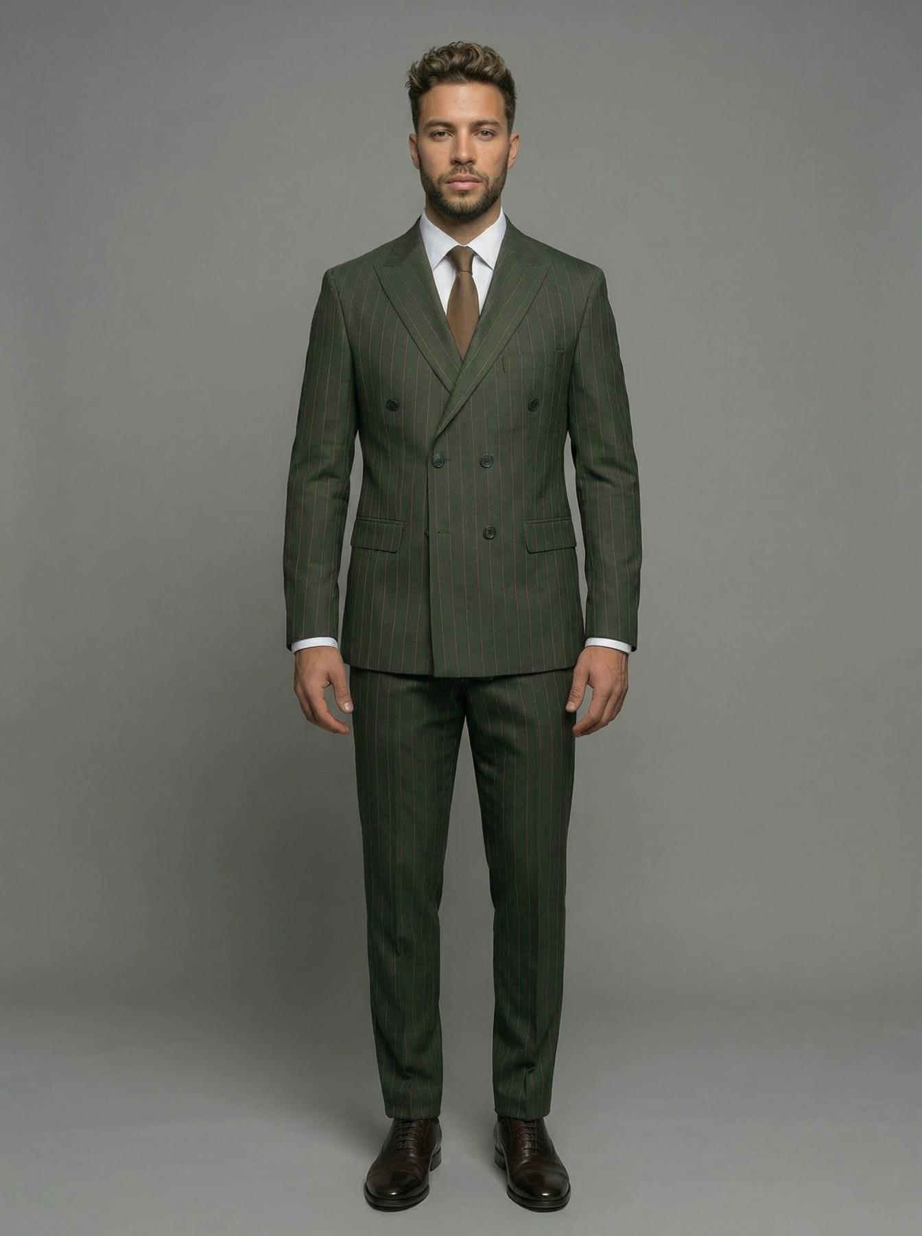 Takım Elbise SlimFit Yeşil Çizgili Kruvaze Premium SD42371