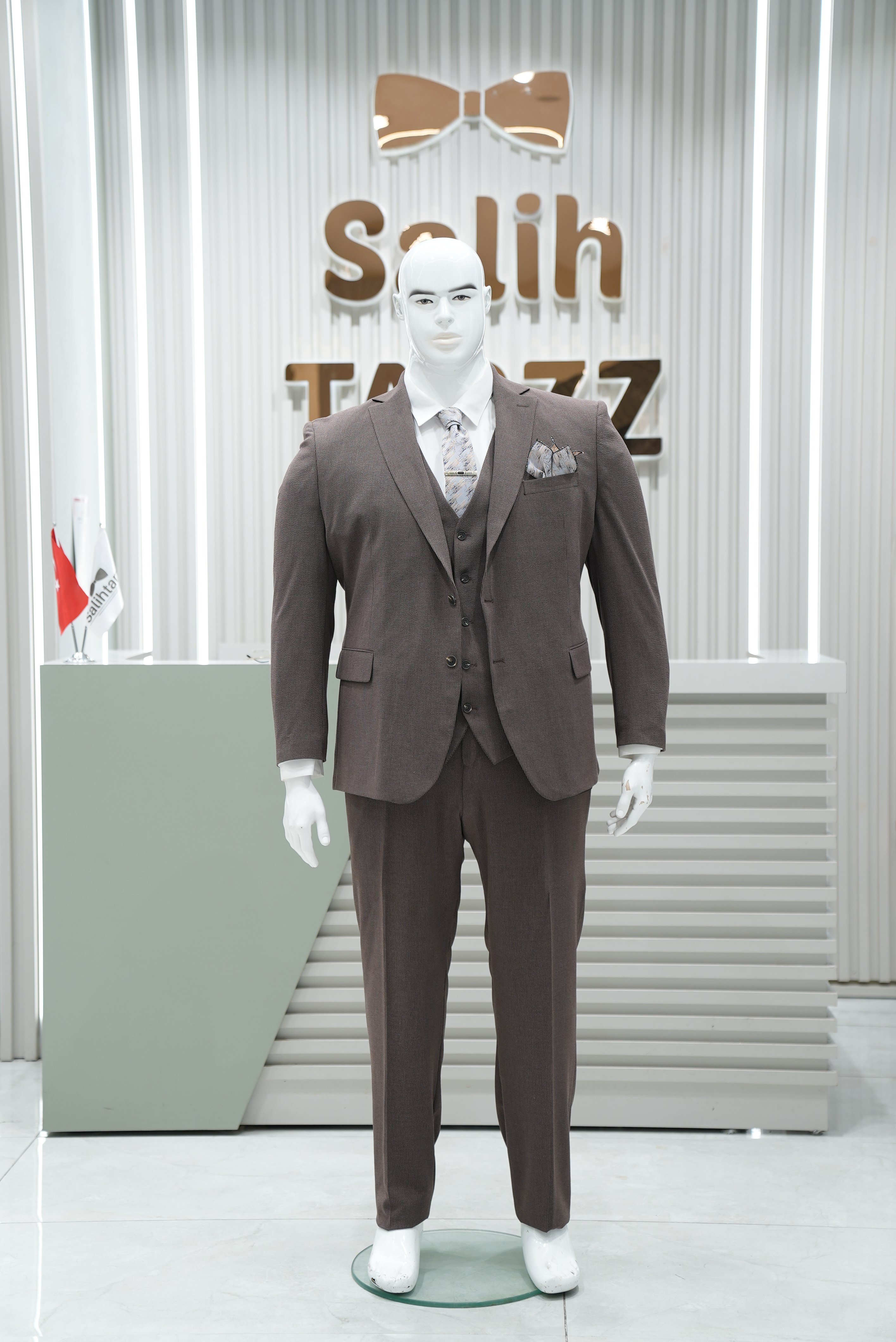 Takım Elbise Yelekli Battal Gofre Büyük Beden Kahve SD42424