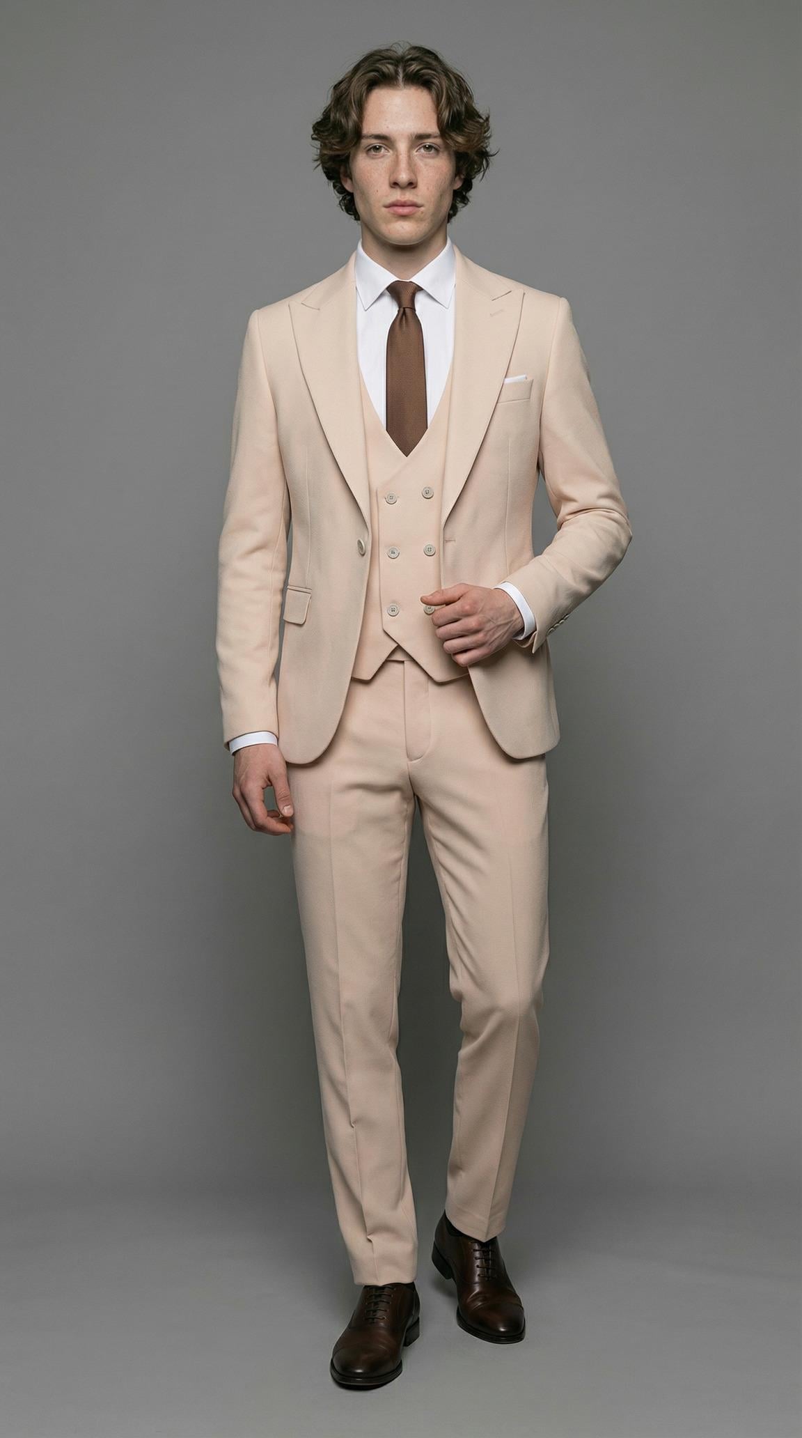 Takım Elbise Yelekli SlimFit Krem Premium SD42384