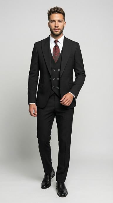 Takım Elbise Yelekli SlimFit Siyah Premium SD42381