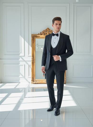 Damatlık İtalyan Kesim Slim Fit Taşlı Siyah SD42209