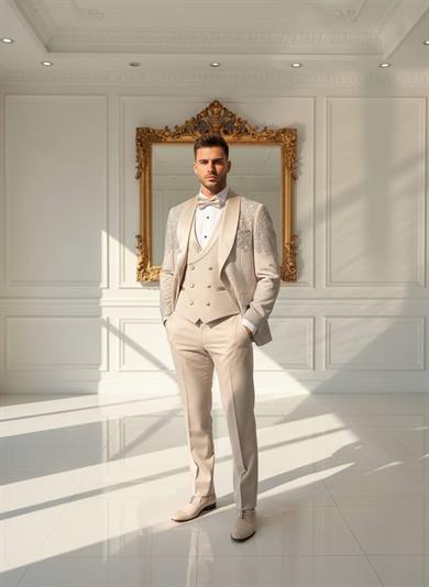 Damatlık İtalyan Kesim Slim Fit Taşlı Krem SD42214
