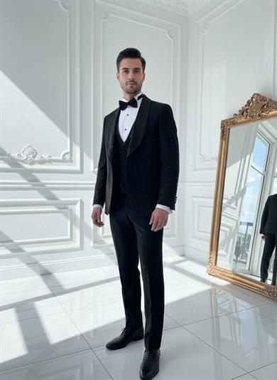 Damatlık İtalyan Kesim Slim Fit Taşlı Siyah SD42209