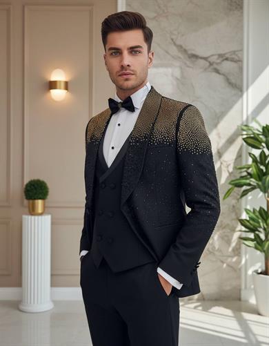 Damatlık İtalyan Kesim Slim Fit Taşlı Siyah SD42208