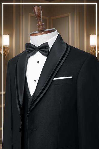 Damatlık İtalyan Kesim Slim Fit Yelekli Şal Yaka Siyah SD42356