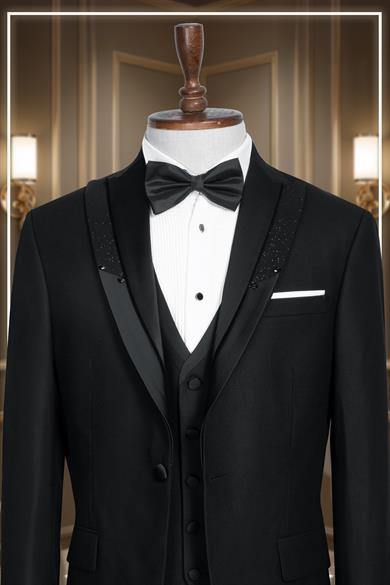 Damatlık İtalyan Kesim Slim Fit Yelekli Simli Krılangıç Yaka Siyah SD42359