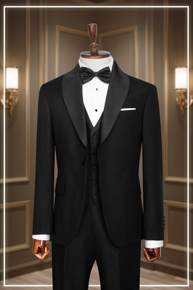 Damatlık İtalyan Kesim Slim Fit Yelekli Şal Yaka Siyah SD42355