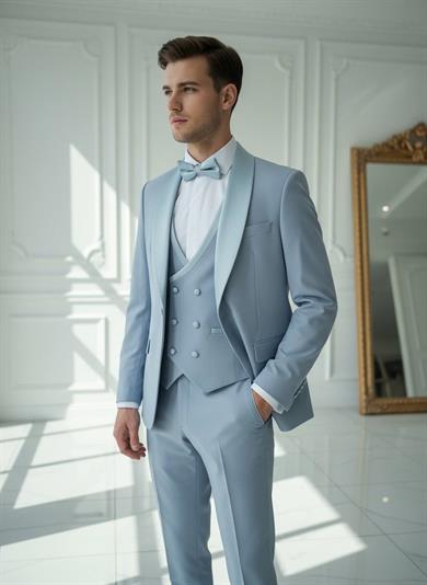 Damatlık İtalyan Kesim Slim Fit Yelekli Buz Mavisi SD42217