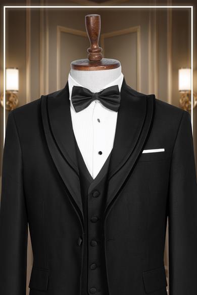 Damatlık İtalyan Kesim Slim Fit Yelekli Krılangıç Yaka Siyah SD42360