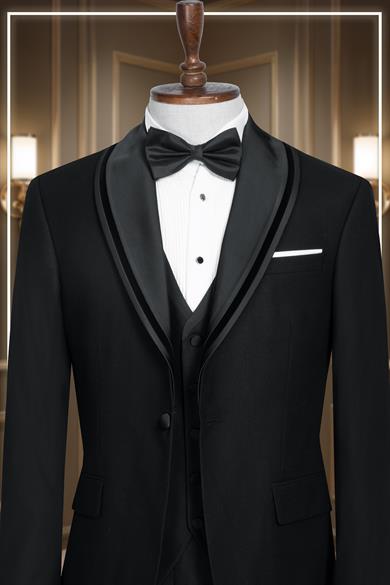 Damatlık İtalyan Kesim Slim Fit Yelekli Şal Yaka Siyah SD42356