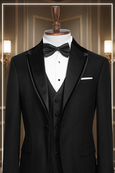 Damatlık İtalyan Kesim Slim Fit Yelekli Şal Yaka Siyah SD42357