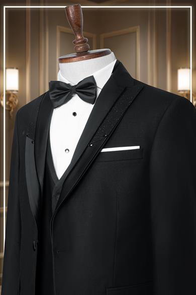 Damatlık İtalyan Kesim Slim Fit Yelekli Simli Krılangıç Yaka Siyah SD42359