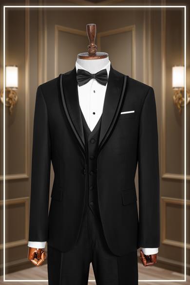 Damatlık İtalyan Kesim Slim Fit Yelekli Krılangıç Yaka Siyah SD42361