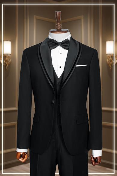Damatlık İtalyan Kesim Slim Fit Yelekli Şal Yaka Siyah SD42356